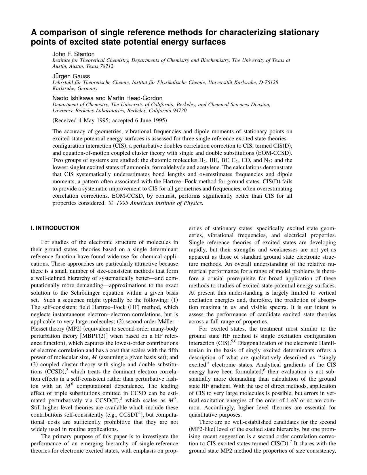 A comparison of single reference methods for characterizing stationary points of excited state potential energy surfaces by John F. Stanton & Jurgen Gauss & Naoto Ishikawa and Martin Head-Gordon
