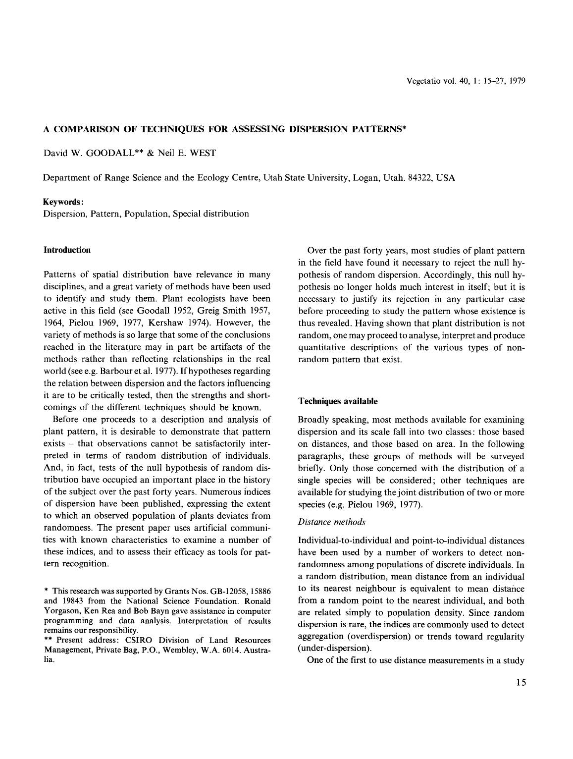 A comparison of techniques for assessing dispersion patterns by Unknown