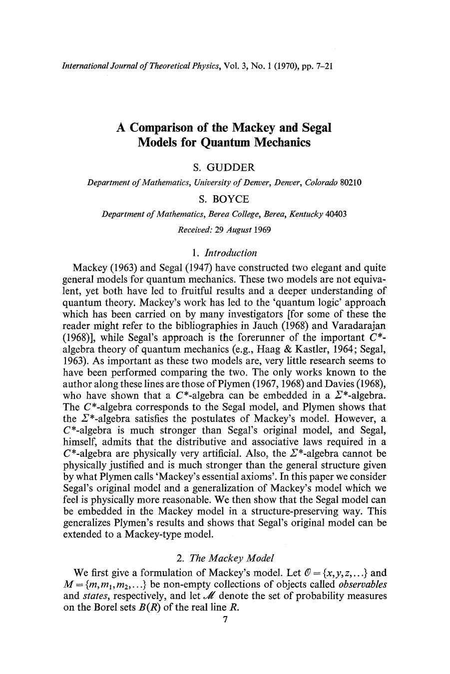 A comparison of the Mackey and Segal models for quantum mechanics by Unknown