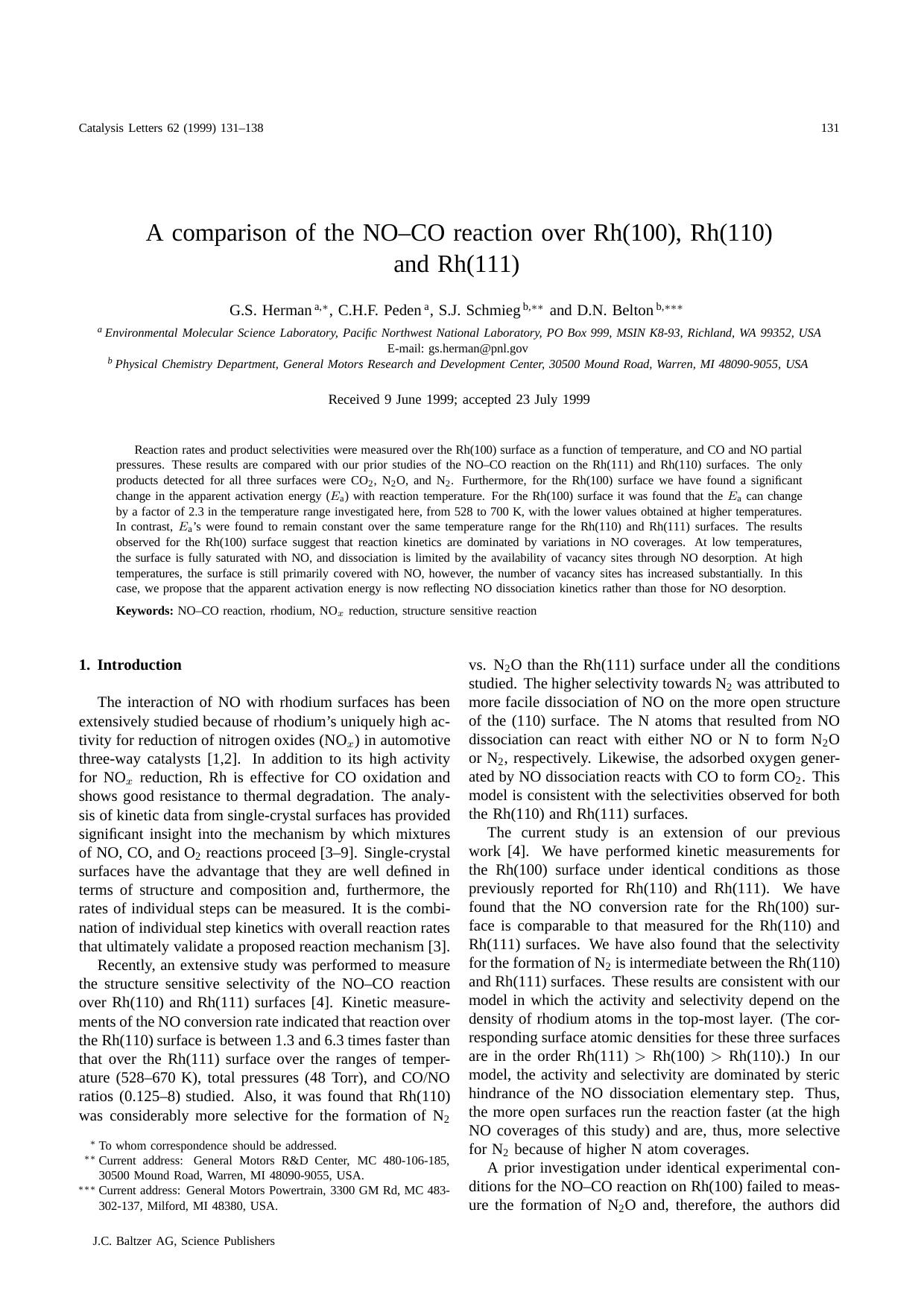 A comparison of the NO–CO reaction over Rh(100), Rh(110) and Rh(111) by Unknown
