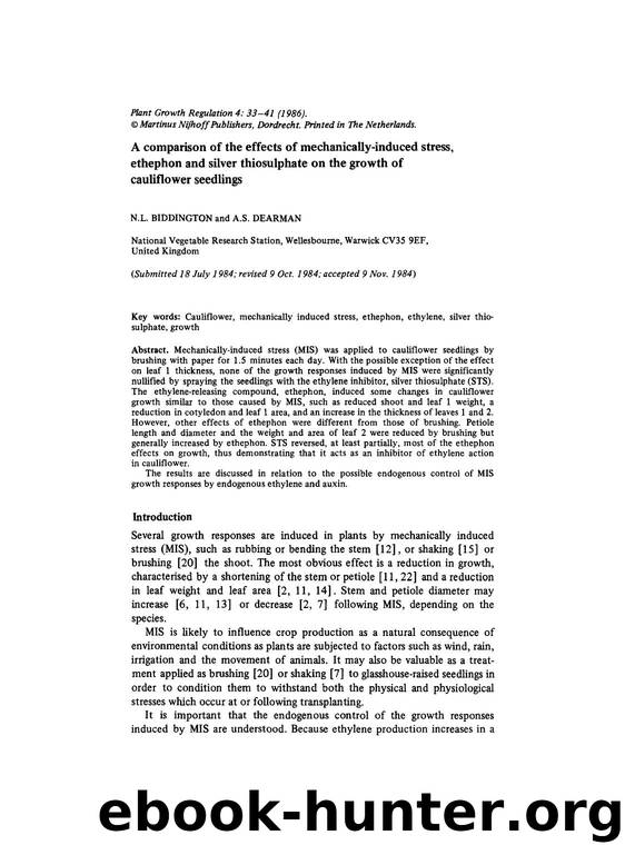 A comparison of the effects of mechanically-induced stress, ethephon and silver thiosulphate on the growth of cauliflower seedlings by Unknown