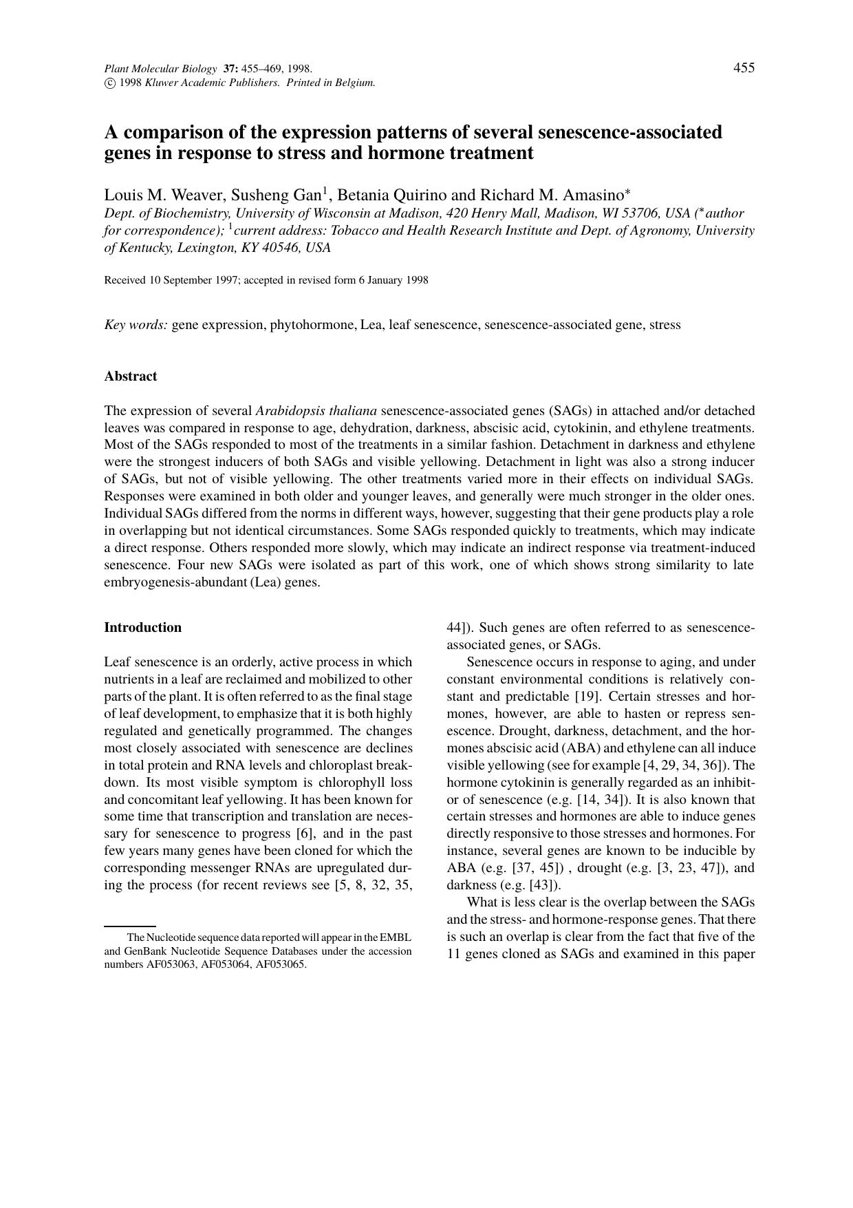 A comparison of the expression patterns of several senescence-associated genes in response to stress and hormone treatment by Unknown