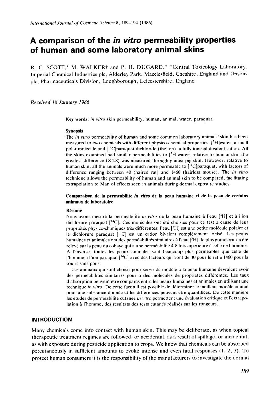 A comparison of the in vitro permeability properties of human and some laboratory animal skins by Unknown