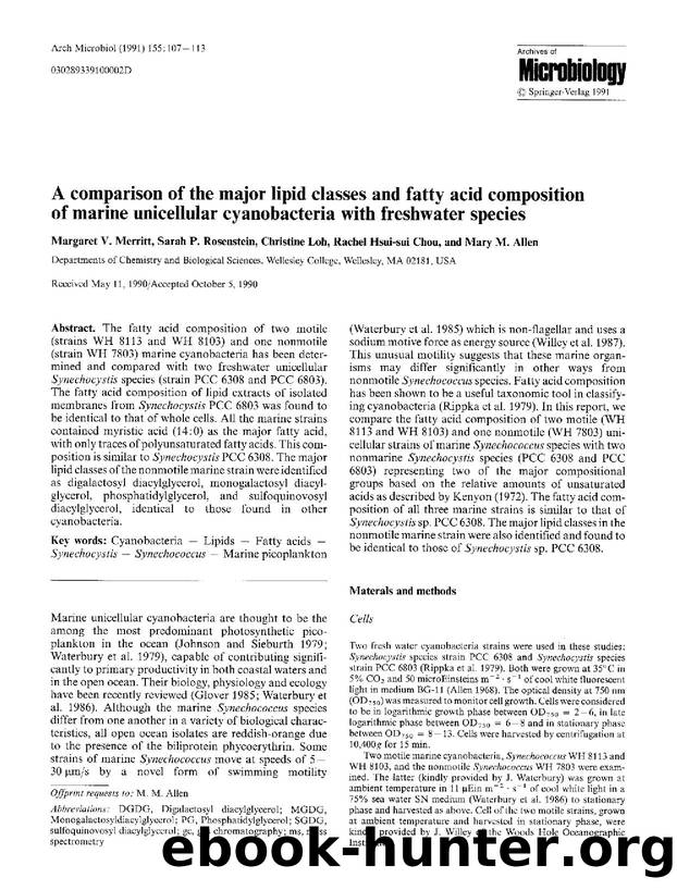 A comparison of the major lipid classes and fatty acid composition of marine unicellular cyanobacteria with freshwater species by Unknown
