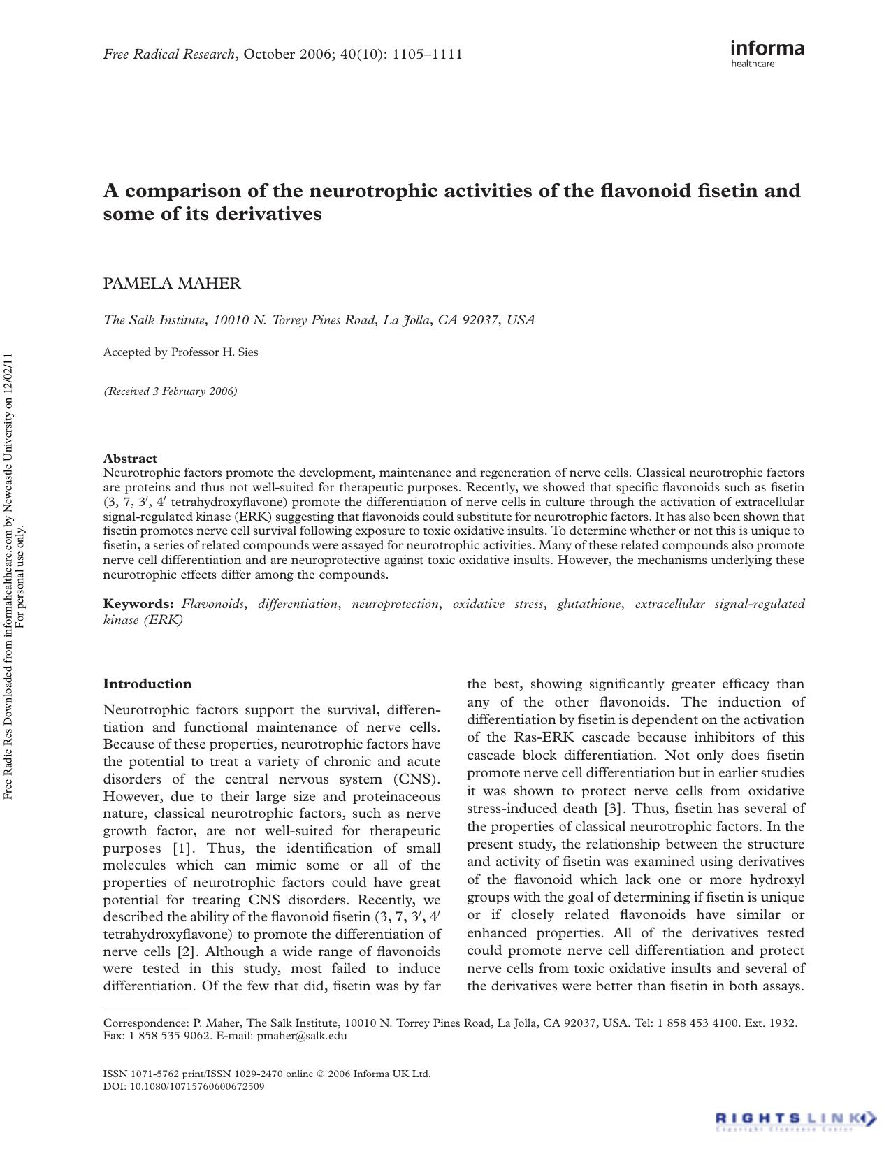 A comparison of the neurotrophic activities of the flavonoid fisetin and some of its derivatives by Pamela Maher†