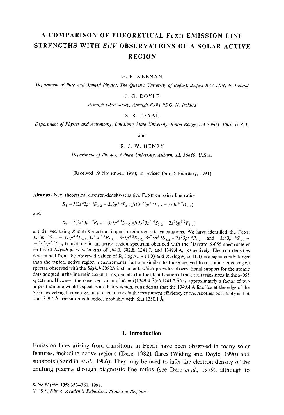 A comparison of theoretical Fe <Emphasis Type="SmallCaps">xii <Emphasis> emission line strengths with <Emphasis Type="Italic">EUV <Emphasis> observations of a solar active region by Unknown
