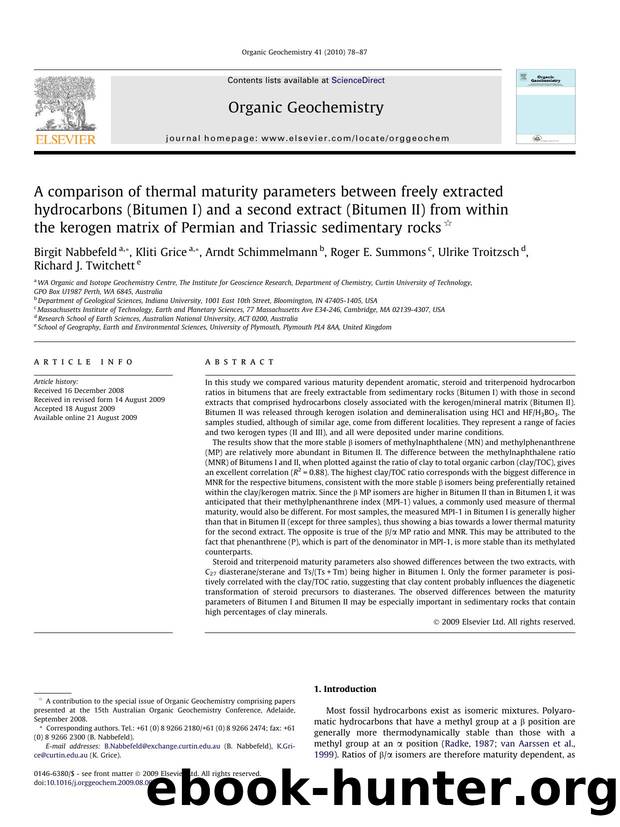 A comparison of thermal maturity parameters between freely extracted hydrocarbons (Bitumen I) and a second extract (Bitumen II) from within the kerogen matrix of Permian and Triassic sedimentary rocks by unknow