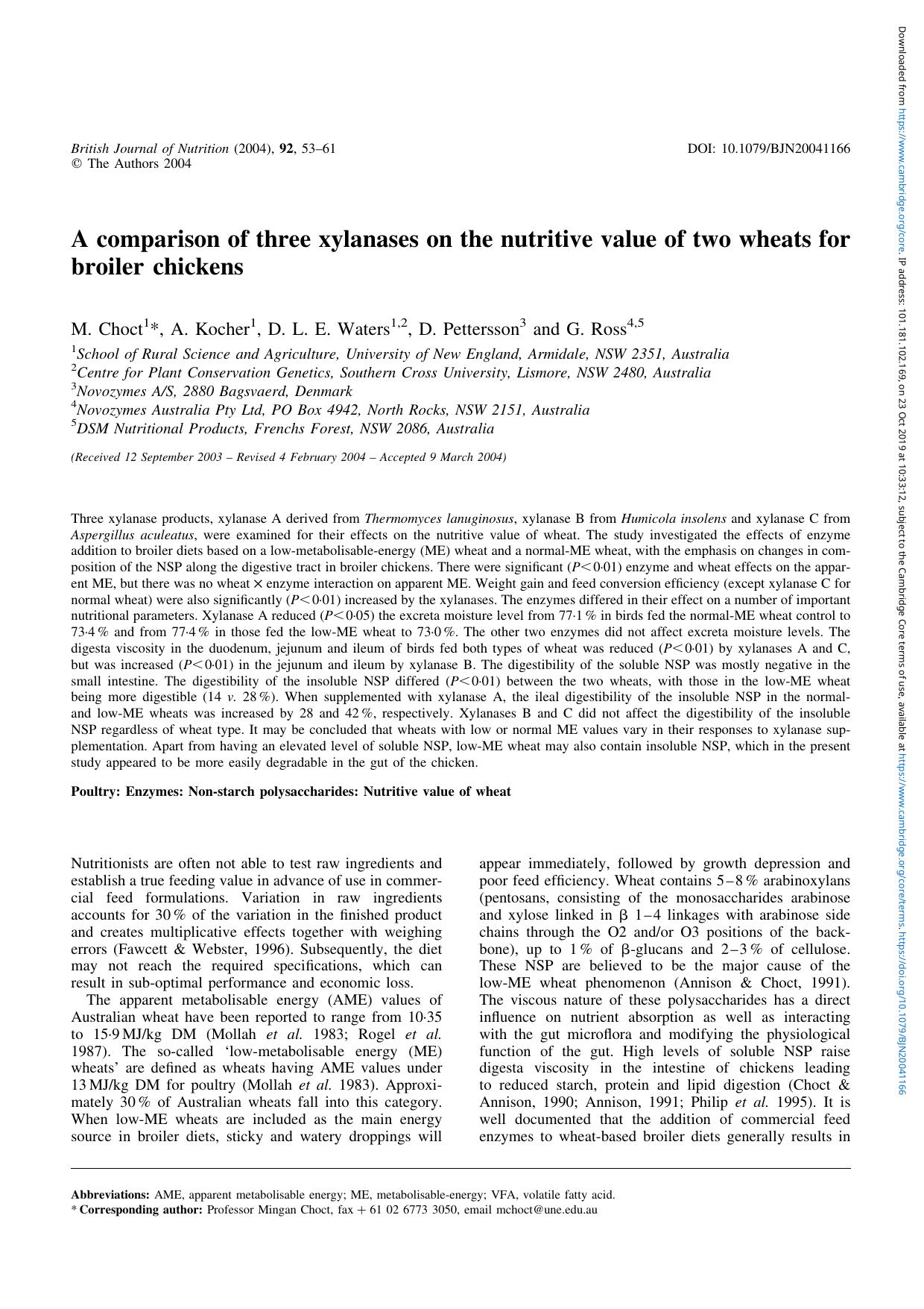 A comparison of three xylanases on the nutritive value of two wheats for broiler chickens by M. Choct A. Kocher D. L. E. Waters D. Pettersson G. Ross