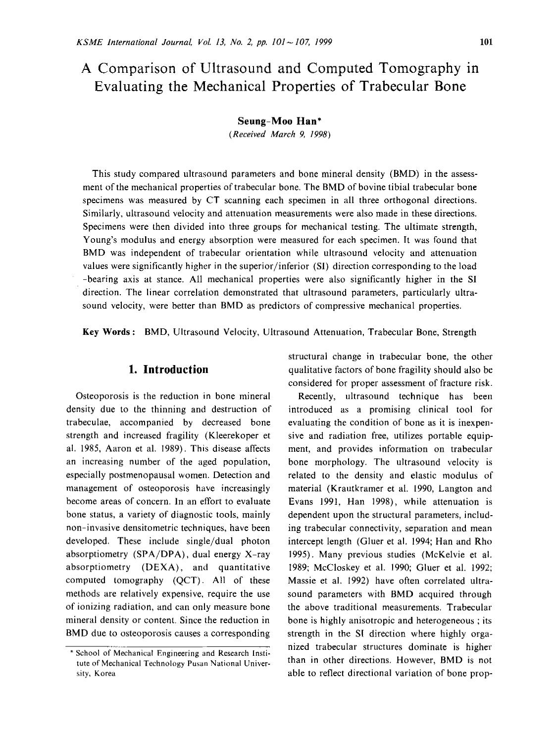 A comparison of ultrasound and computed tomography in evaluating the mechanical properties of trabecular bone by Unknown