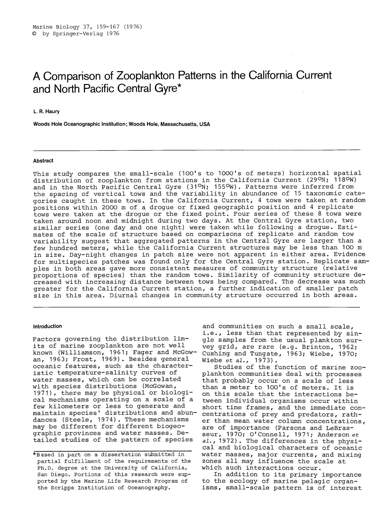 A comparison of zooplankton patterns in the California Current and North Pacific Central Gyre by Unknown