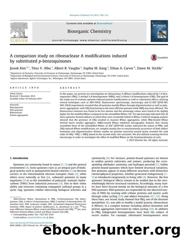 A comparison study on ribonuclease A modifications induced by substituted p-benzoquinones by Jisook Kim & Titus V. Albu & Albert R. Vaughn & Sophia M. Kang & Ethan A. Carver & Dawn M. Stickle