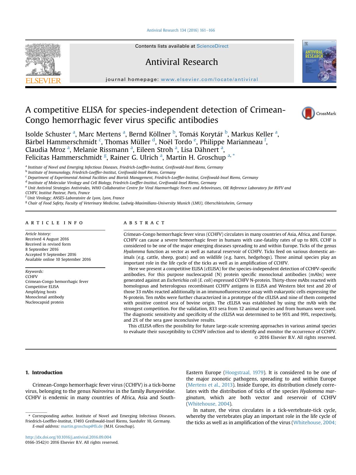 A competitive ELISA for species-independent detection of Crimean-Congo hemorrhagic fever virus specific antibodies by unknow