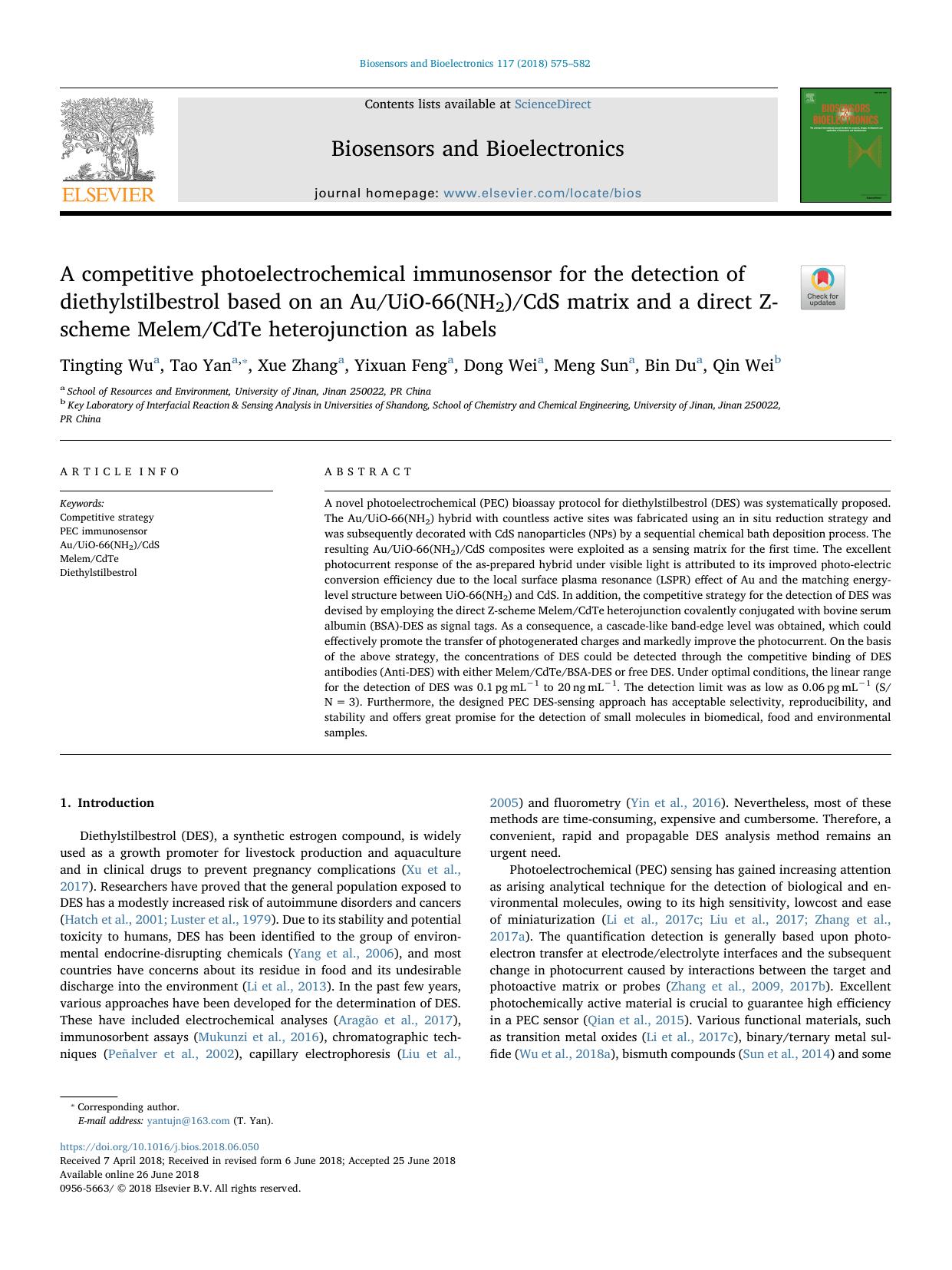 A competitive photoelectrochemical immunosensor for the detection of diethylstilbestrol based on an AuUiO-66(NH2)CdS matrix and a direct Z-scheme MelemCdTe heterojunction as labels by Tingting Wu & Tao Yan & Xue Zhang & Yixuan Feng & Dong Wei & Meng Sun & Bin Du & Qin Wei