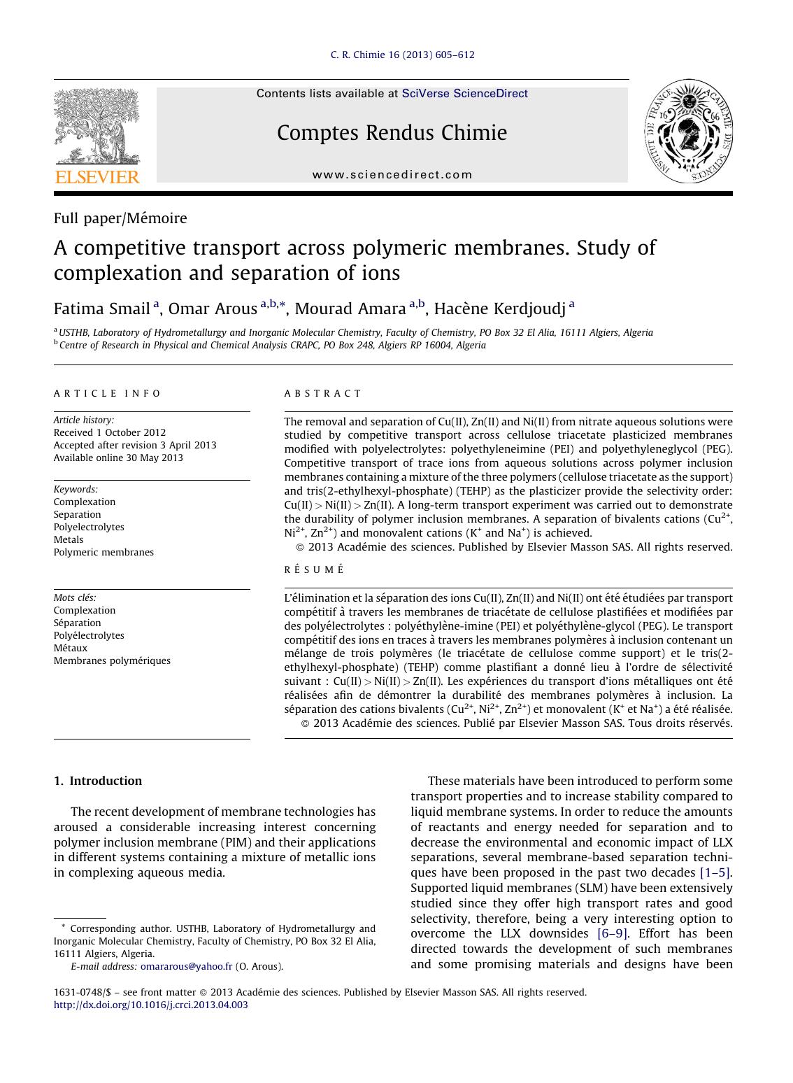 A competitive transport across polymeric membranes. Study of complexation and separation of ions by Fatima Smail & Omar Arous & Mourad Amara & Hacène Kerdjoudj