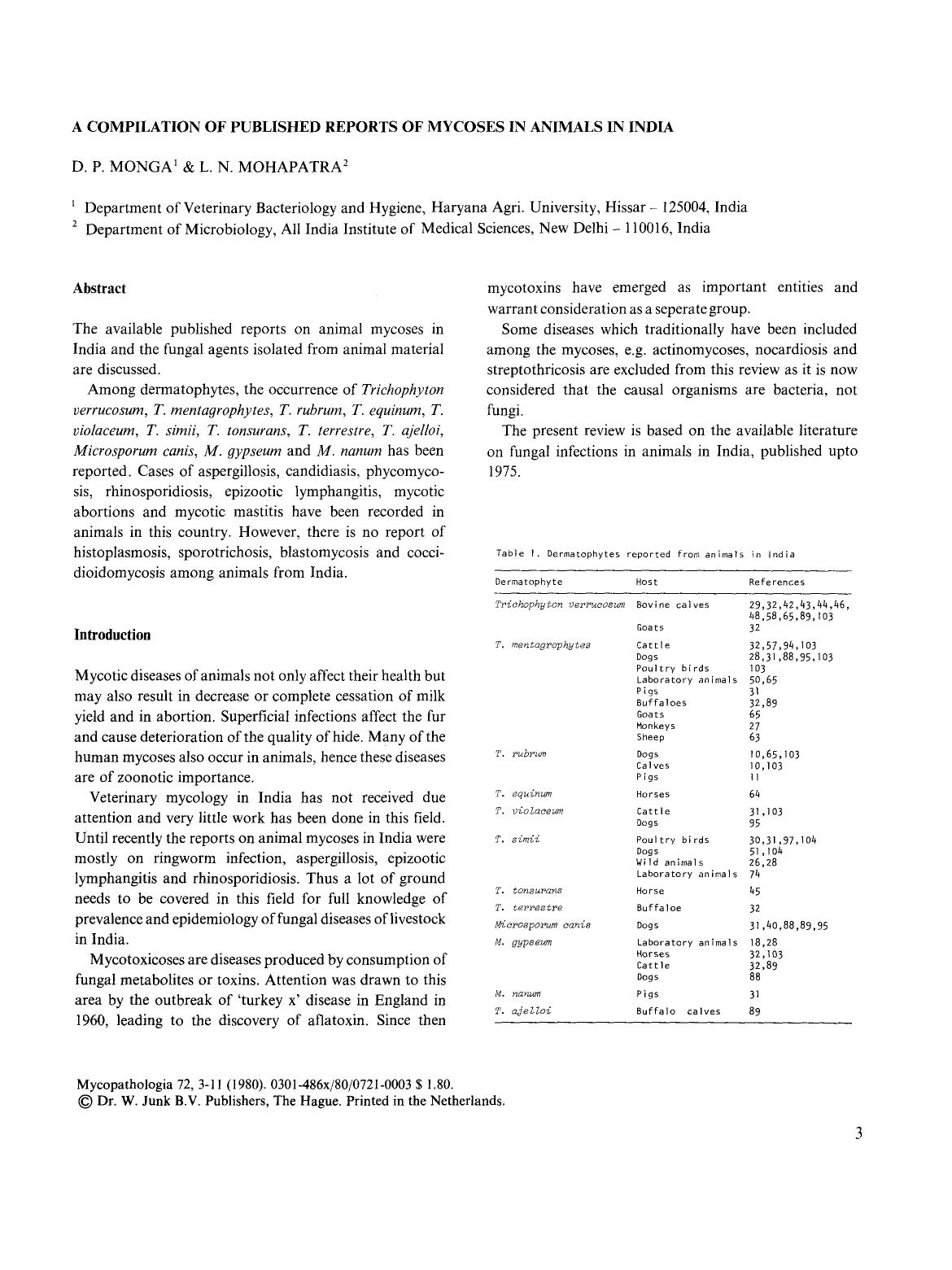 A compilation of published reports of mycoses in animals in India by Unknown