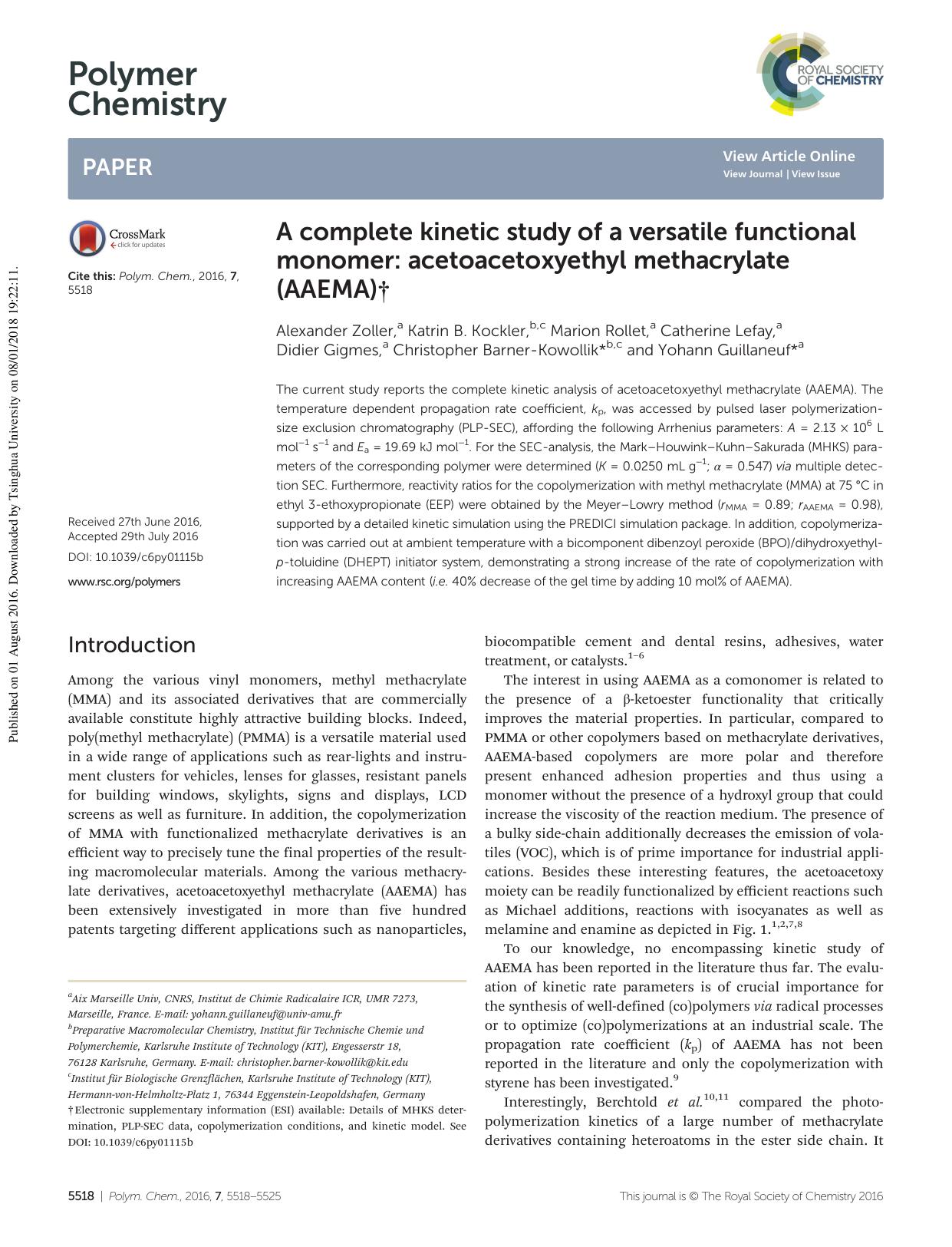 A complete kinetic study of a versatile functional monomer: acetoacetoxyethyl methacrylate (AAEMA) by unknow