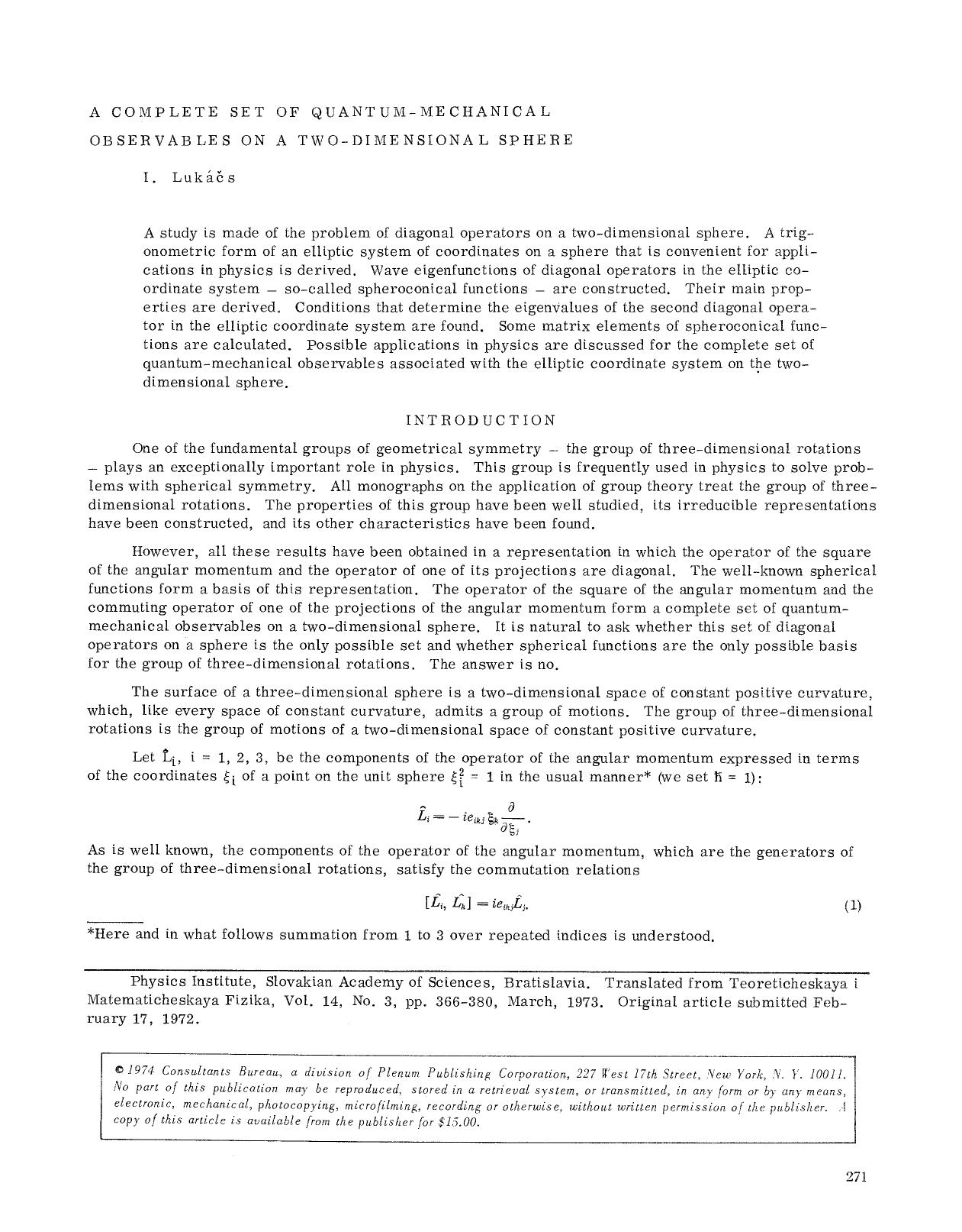 A complete set of quantum-mechanical observables on a two-dimensional sphere by Unknown