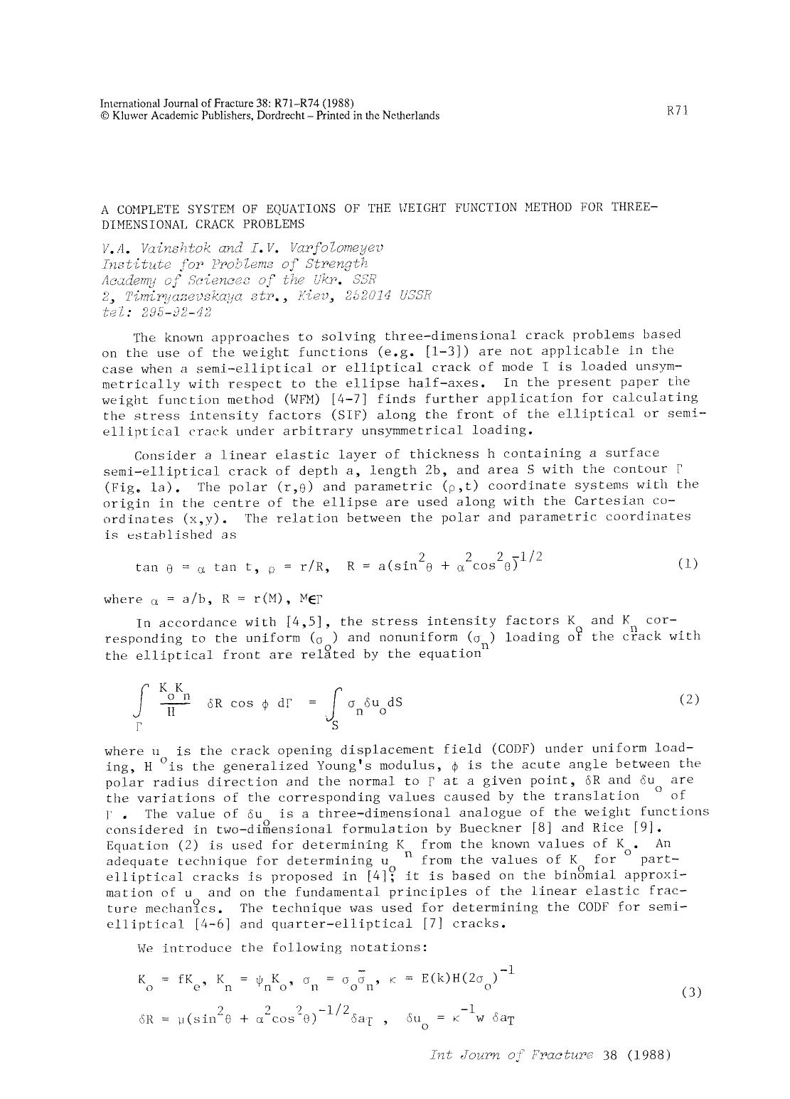 A complete system of equations of the weight function method for three-dimensional crack problems by Unknown