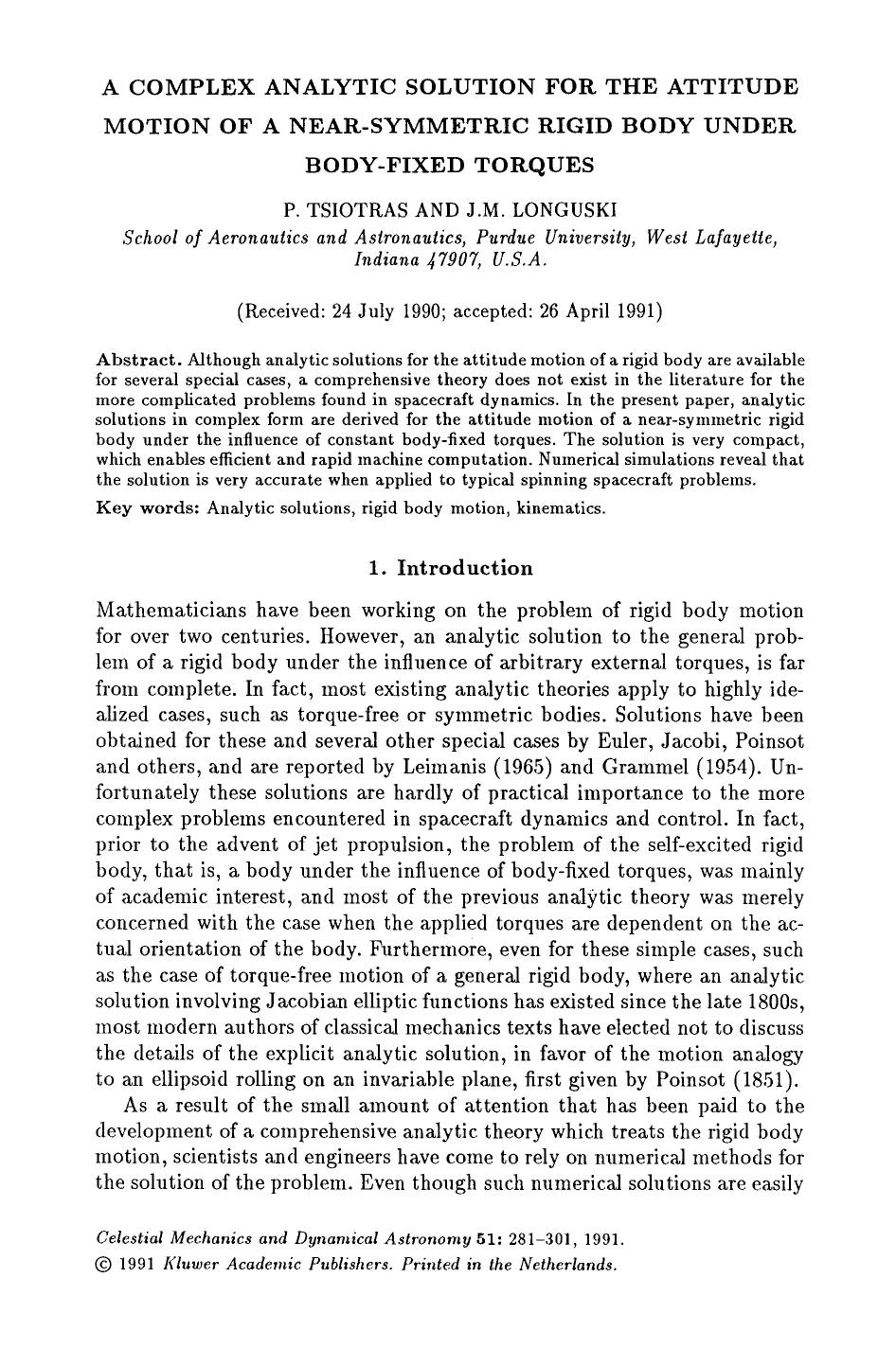 A complex analytic solution for the attitude motion of a near-symmetric rigid body under body-fixed torques by Unknown