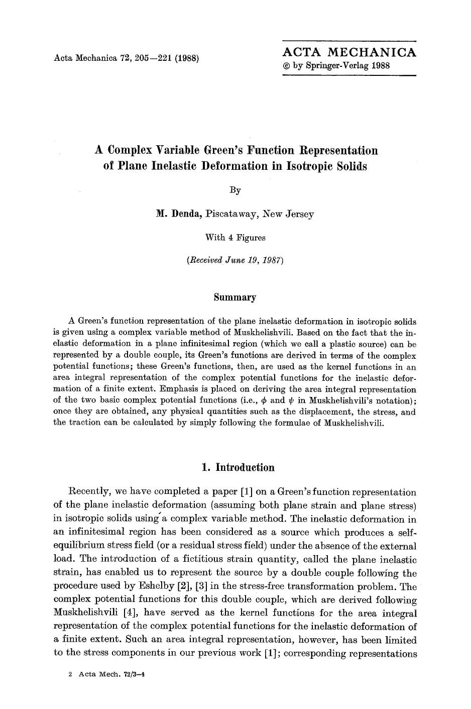 A complex variable Green's function representation of plane inelastic deformation in isotropic solids by Unknown