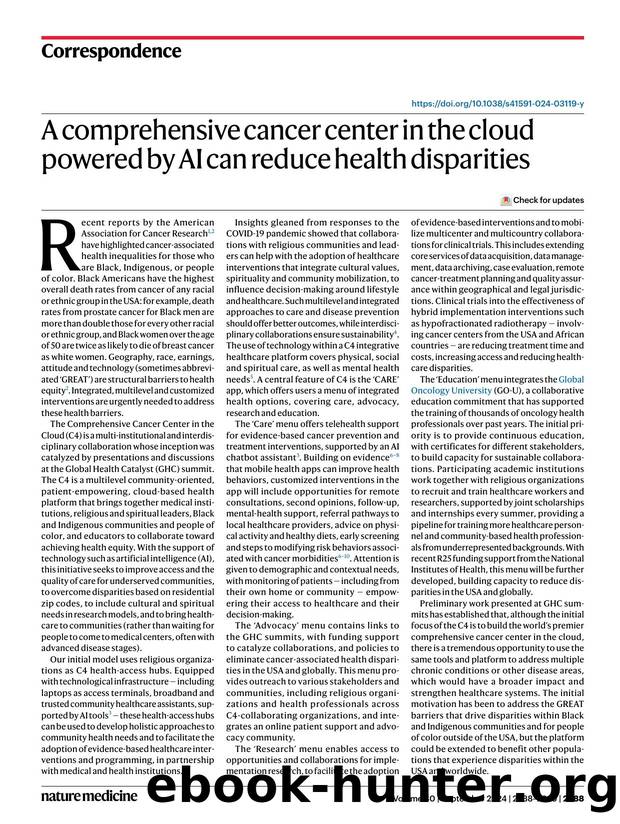 A comprehensive cancer center in the cloud powered by AI can reduce health disparities by unknow