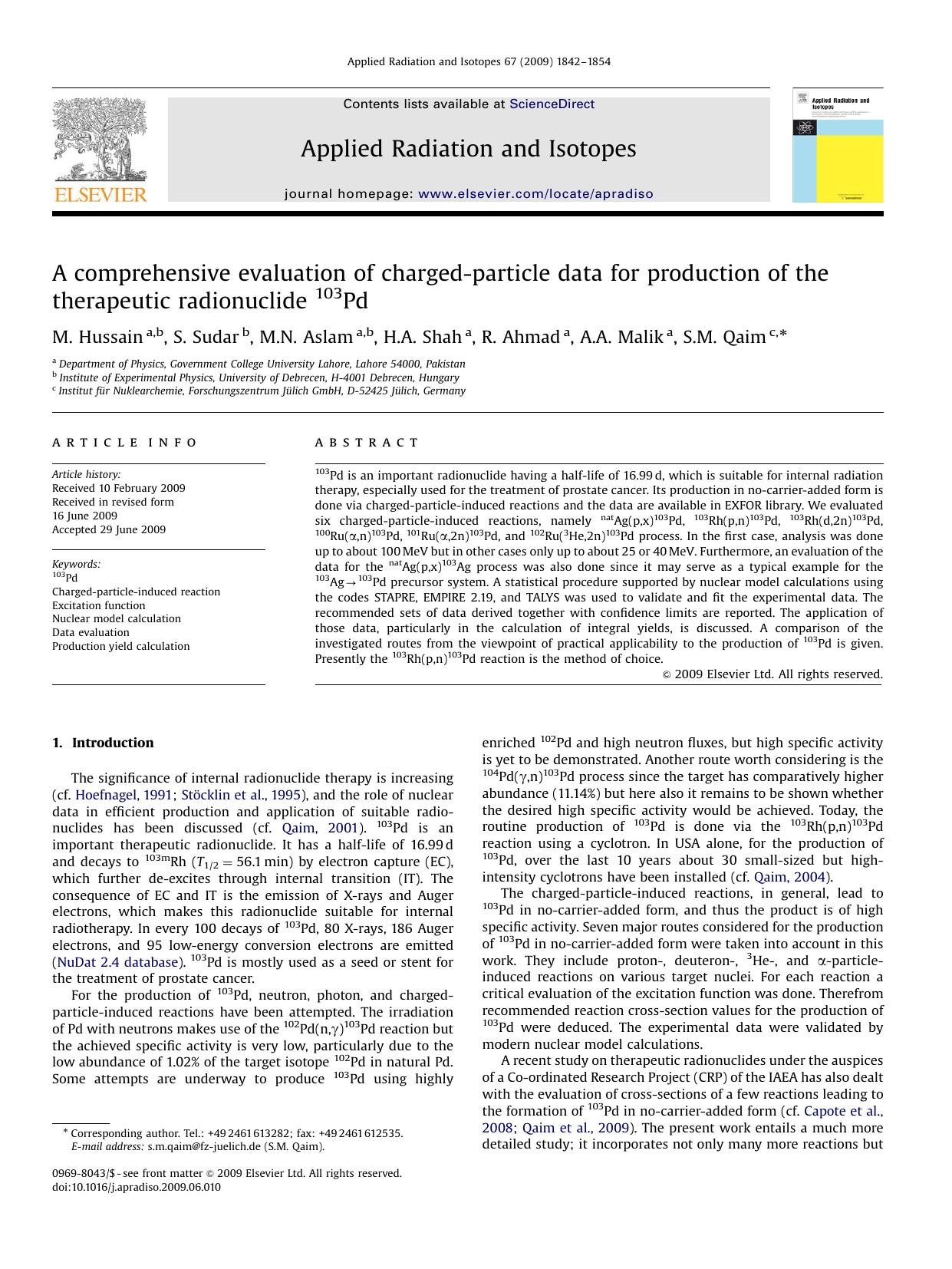A comprehensive evaluation of charged-particle data for production of the therapeutic radionuclide 103Pd by M. Hussain; S. Sudar; M.N. Aslam; H.A. Shah; R. Ahmad; A.A. Malik; S.M. Qaim