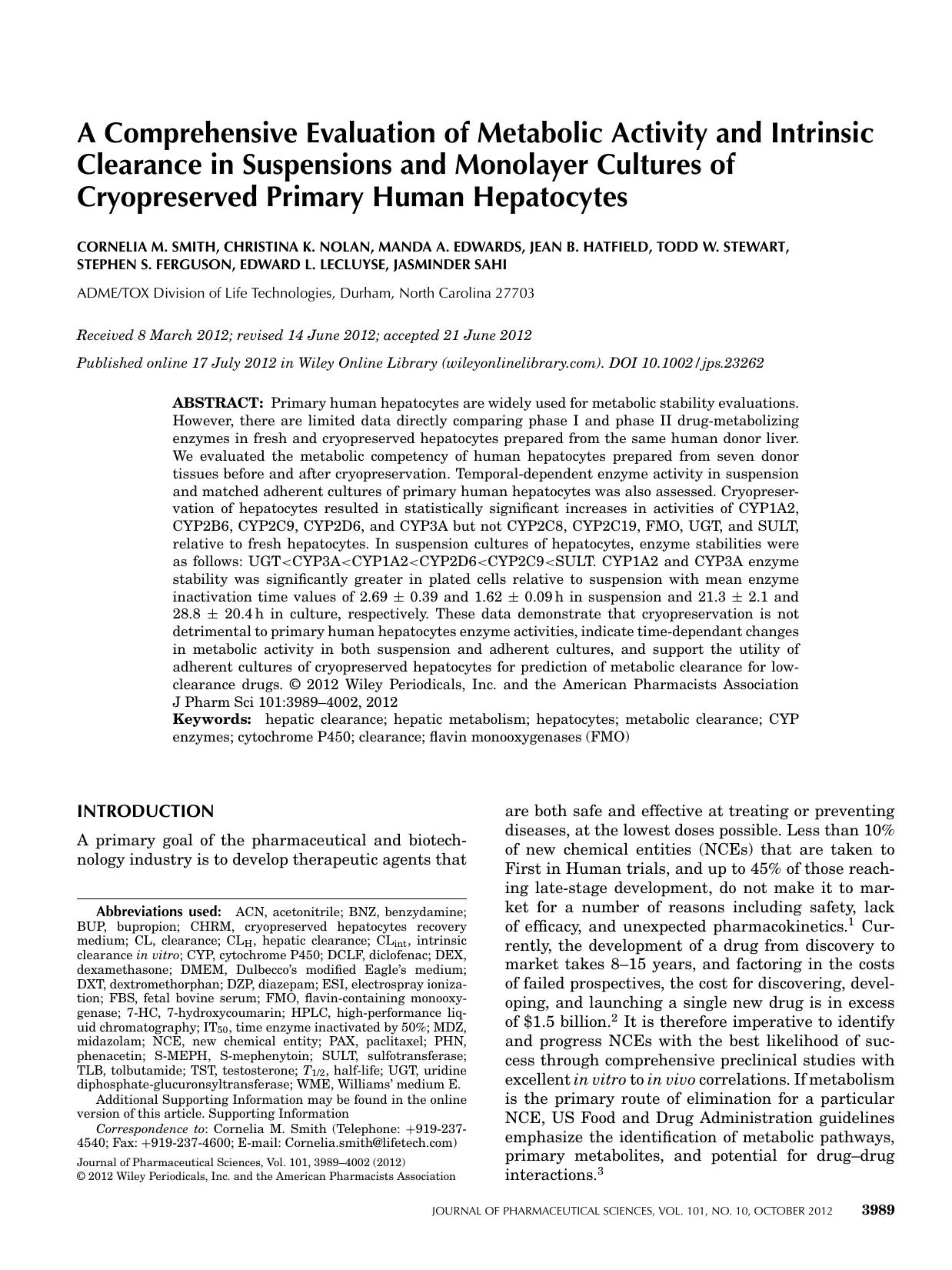A comprehensive evaluation of metabolic activity and intrinsic clearance in suspensions and monolayer cultures of cryopreserved primary human hepatocytes by Unknown