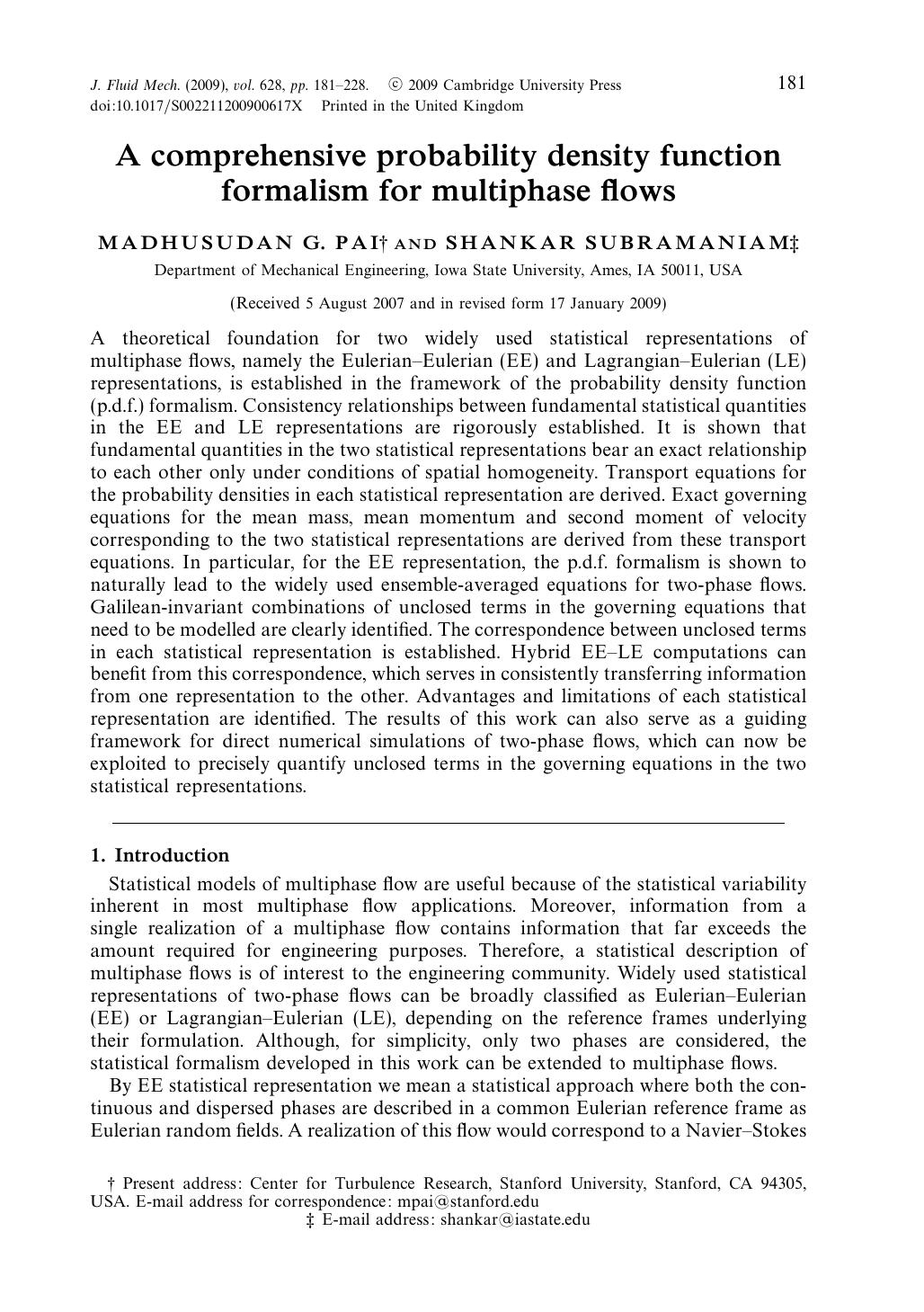 A comprehensive probability density function formalism for multiphase flows by MADHUSUDAN G. PAI SHANKAR SUBRAMANIAM