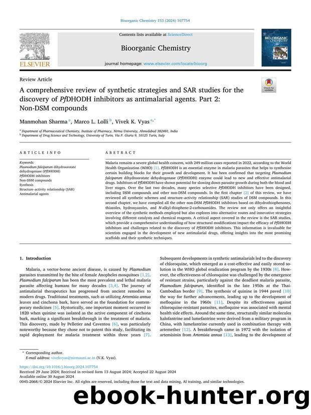 A comprehensive review of synthetic strategies and SAR studies for the discovery of Pf DHODH inhibitors as antimalarial agents. Part 2: Non-DSM compounds by Manmohan Sharma & Marco L. Lolli & Vivek K. Vyas