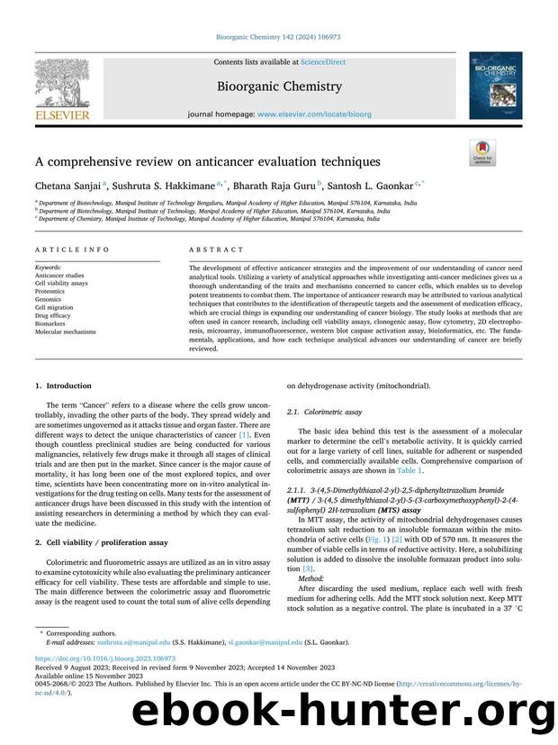 A comprehensive review on anticancer evaluation techniques by Chetana Sanjai & Sushruta S. Hakkimane & Bharath Raja Guru & Santosh L. Gaonkar