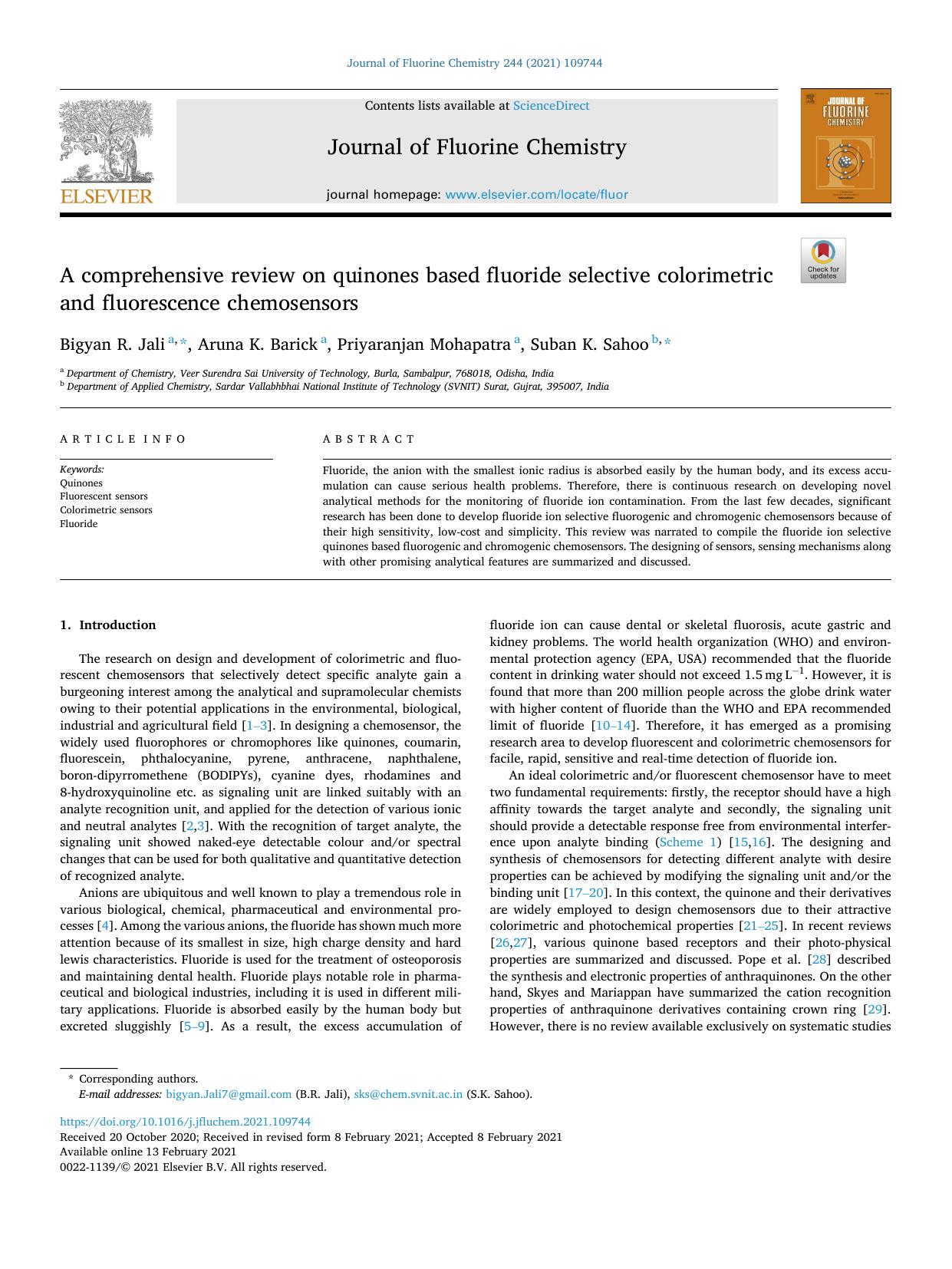 A comprehensive review on quinones based fluoride selective colorimetric and fluorescence chemosensors by Bigyan R. Jali & Aruna K. Barick & Priyaranjan Mohapatra & Suban K. Sahoo