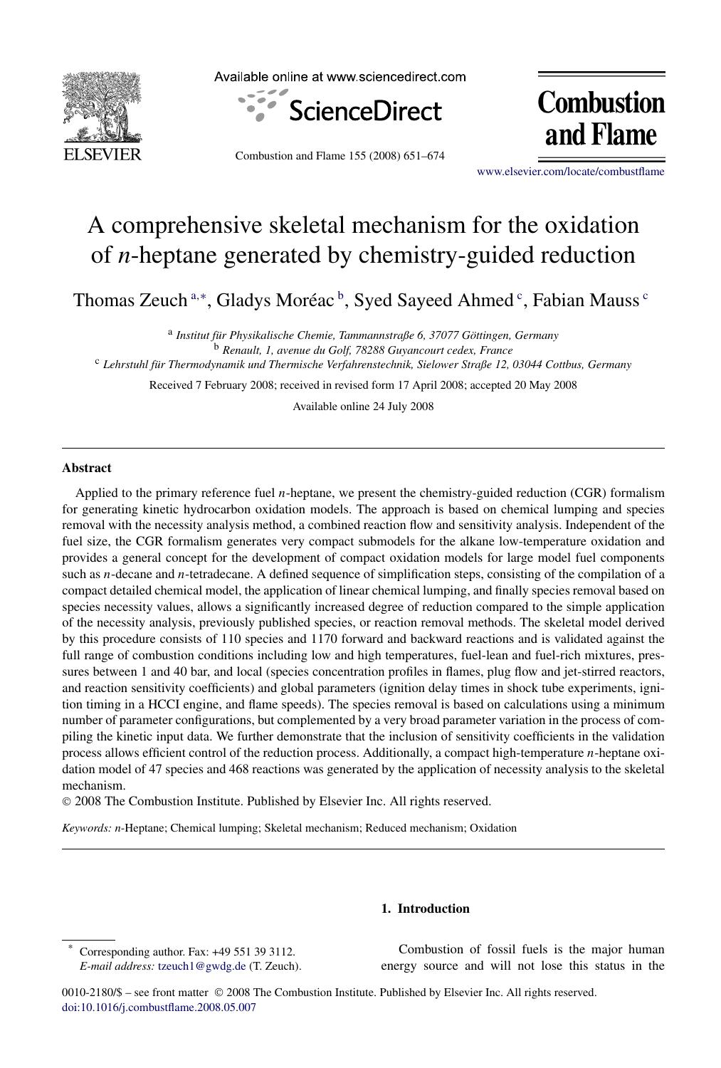A comprehensive skeletal mechanism for the oxidation of n-heptane generated by chemistry-guided reduction by Thomas Zeuch; Gladys Moréac; Syed Sayeed Ahmed; Fabian Mauss