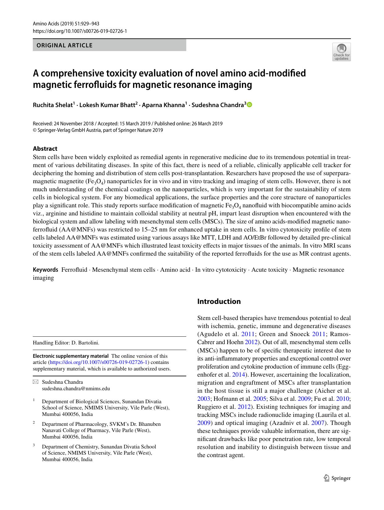A comprehensive toxicity evaluation of novel amino acid-modified magnetic ferrofluids for magnetic resonance imaging by Ruchita Shelat & Lokesh Kumar Bhatt & Aparna Khanna & Sudeshna Chandra