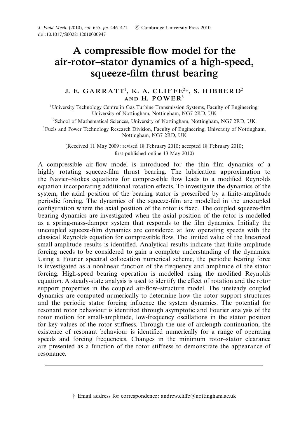 A compressible flow model for the air-rotorâstator dynamics of a high-speed, squeeze-film thrust bearing by J. E. GARRATT K. A. CLIFFE S. HIBBERD H. POWER