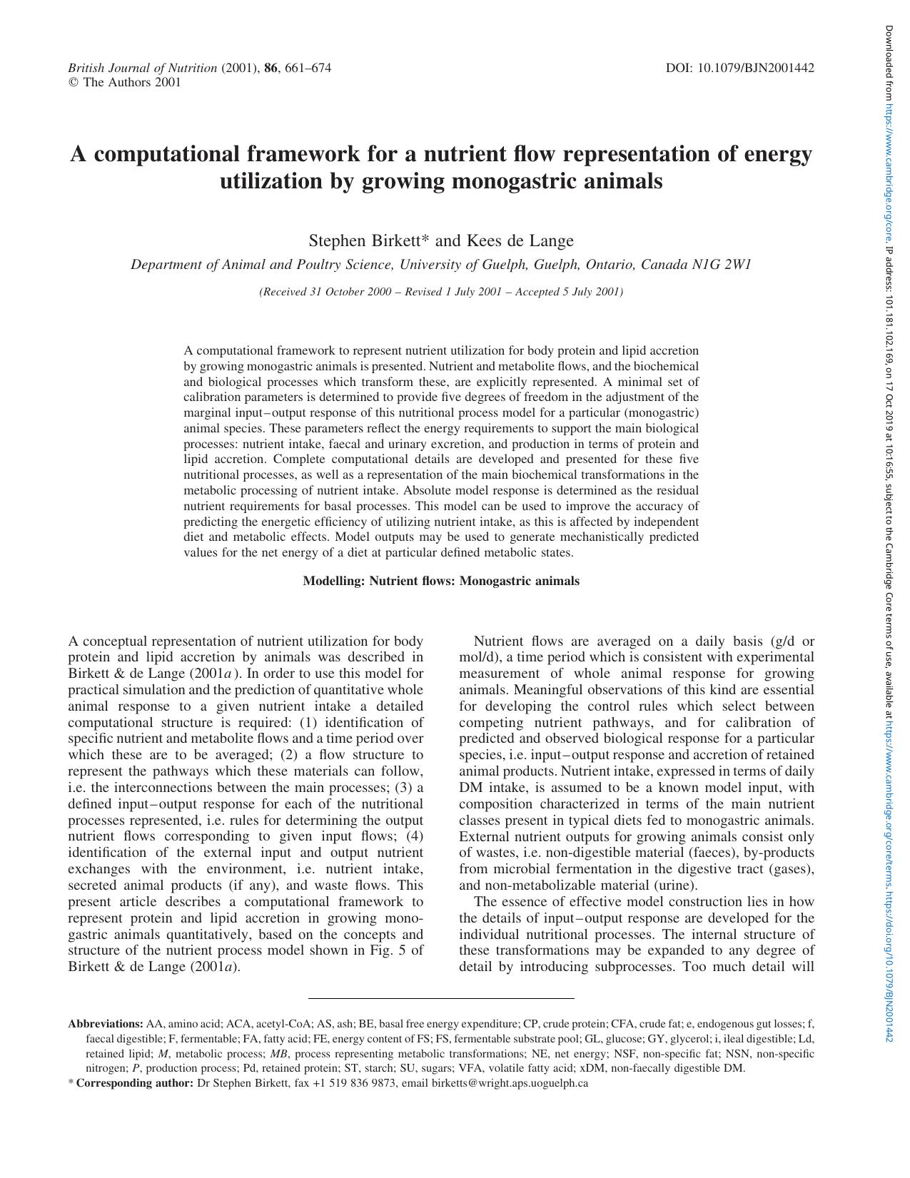 A computational framework for a nutrient flow representation of energy utilization by growing monogastric animals by Stephen Birkett Kees de Lange
