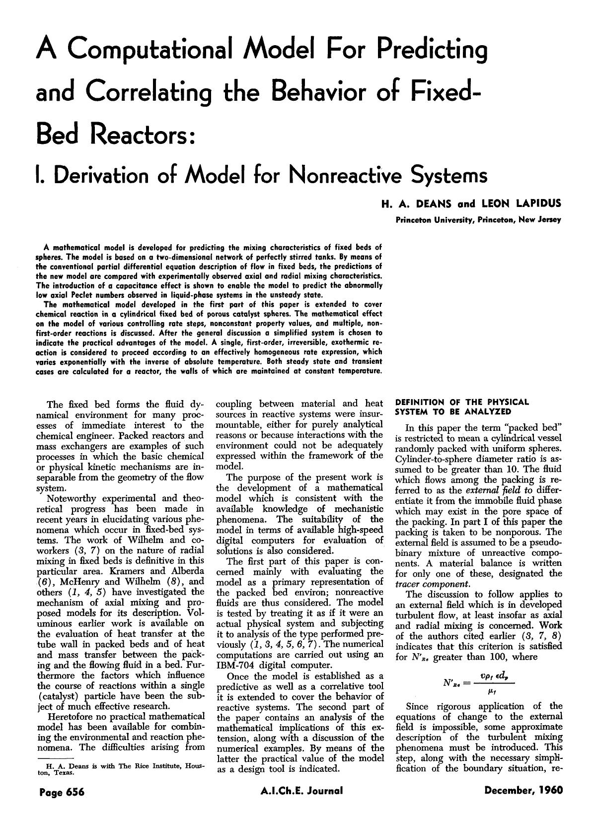 A computational model for predicting and correlating the behavior of fixed-bed reactors: I. Derivation of model for nonreactive systems by Unknown