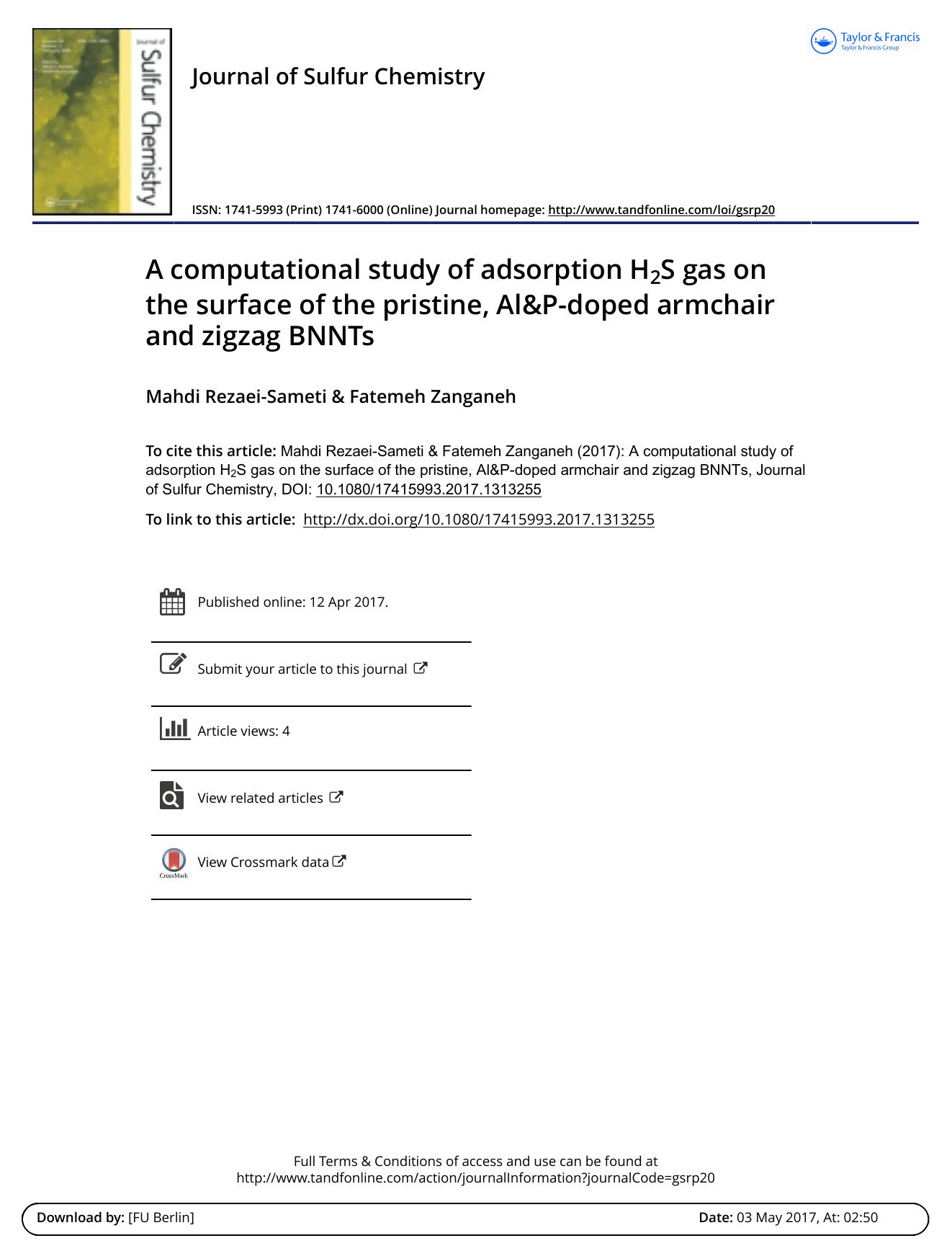 A computational study of adsorption H2S gas on the surface of the pristine, Al&P-doped armchair and zigzag BNNTs by Mahdi Rezaei-Sameti; Fatemeh Zanganeh