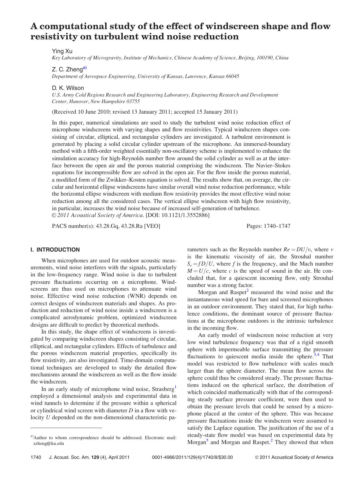 A computational study of the effect of wind screen shape and flow resistivity on turbulent wind noise reduction by Ying Xu & Z.C.Zheng & D. K. Wilson
