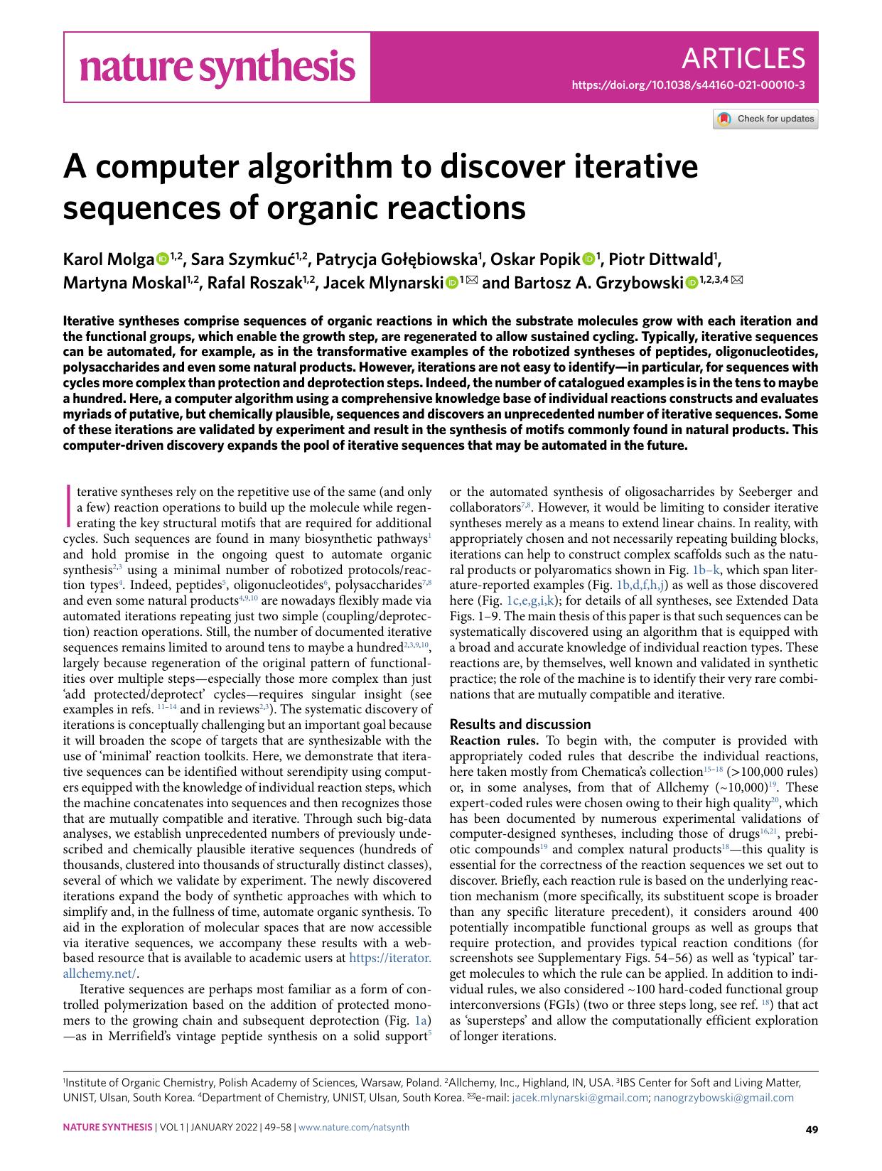A computer algorithm to discover iterative sequences of organic reactions by unknow