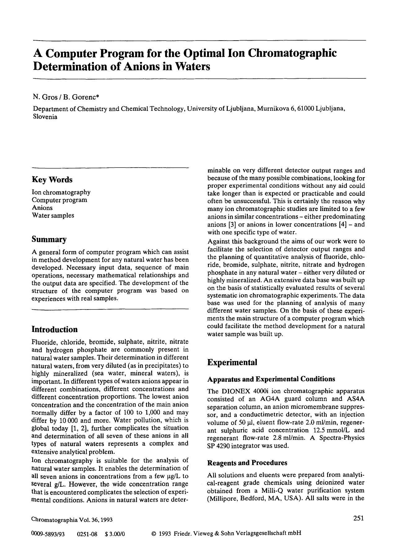 A computer program for the optimal ion chromatographic determination of anions in waters by Unknown