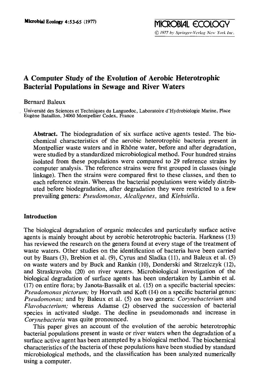 A computer study of the evolution of aerobic heterotrophic bacterial populations in sewage and river waters by Unknown