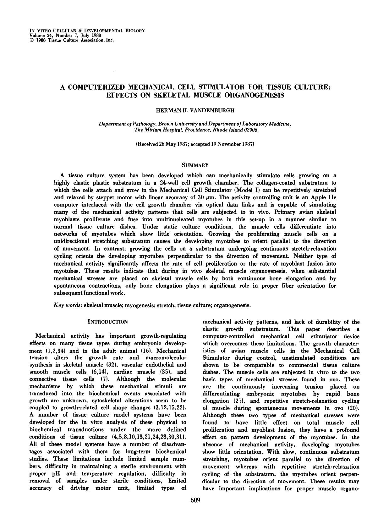 A computerized mechanical cell stimulator for tissue culture: Effects on skeletal muscle organogenesis by Unknown