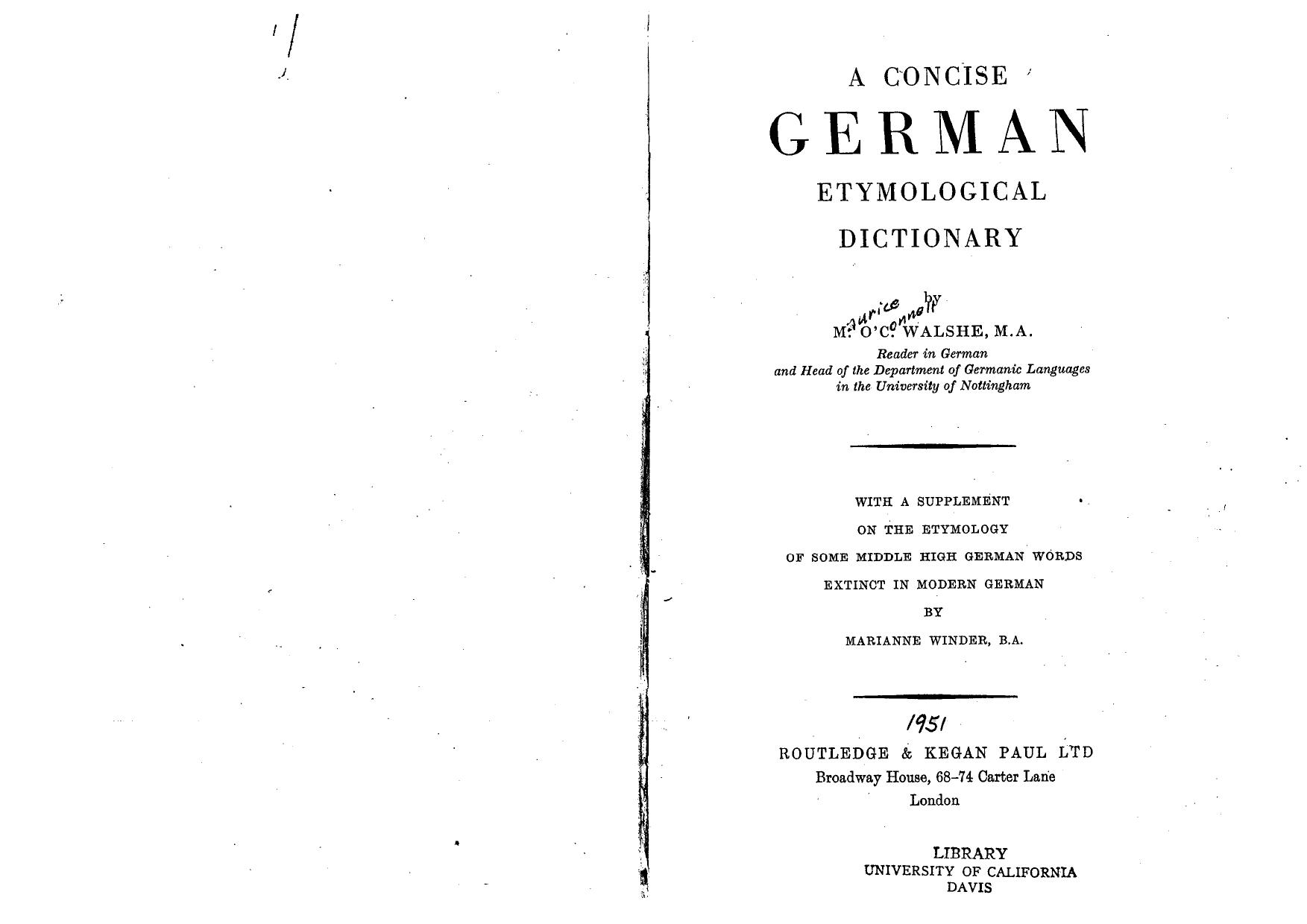 A concise German etymological dictionary by With a suppl. on the etymology of some Middle High German words extinct in modern German