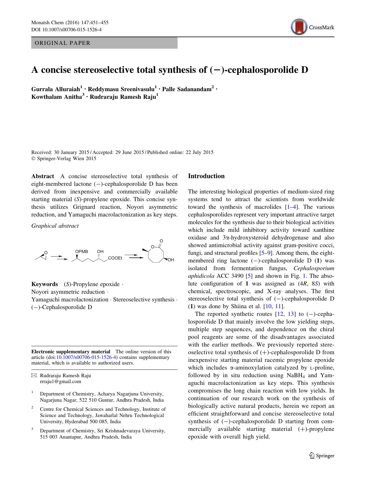 A concise stereoselective total synthesis of (-)-cephalosporolide D by unknow