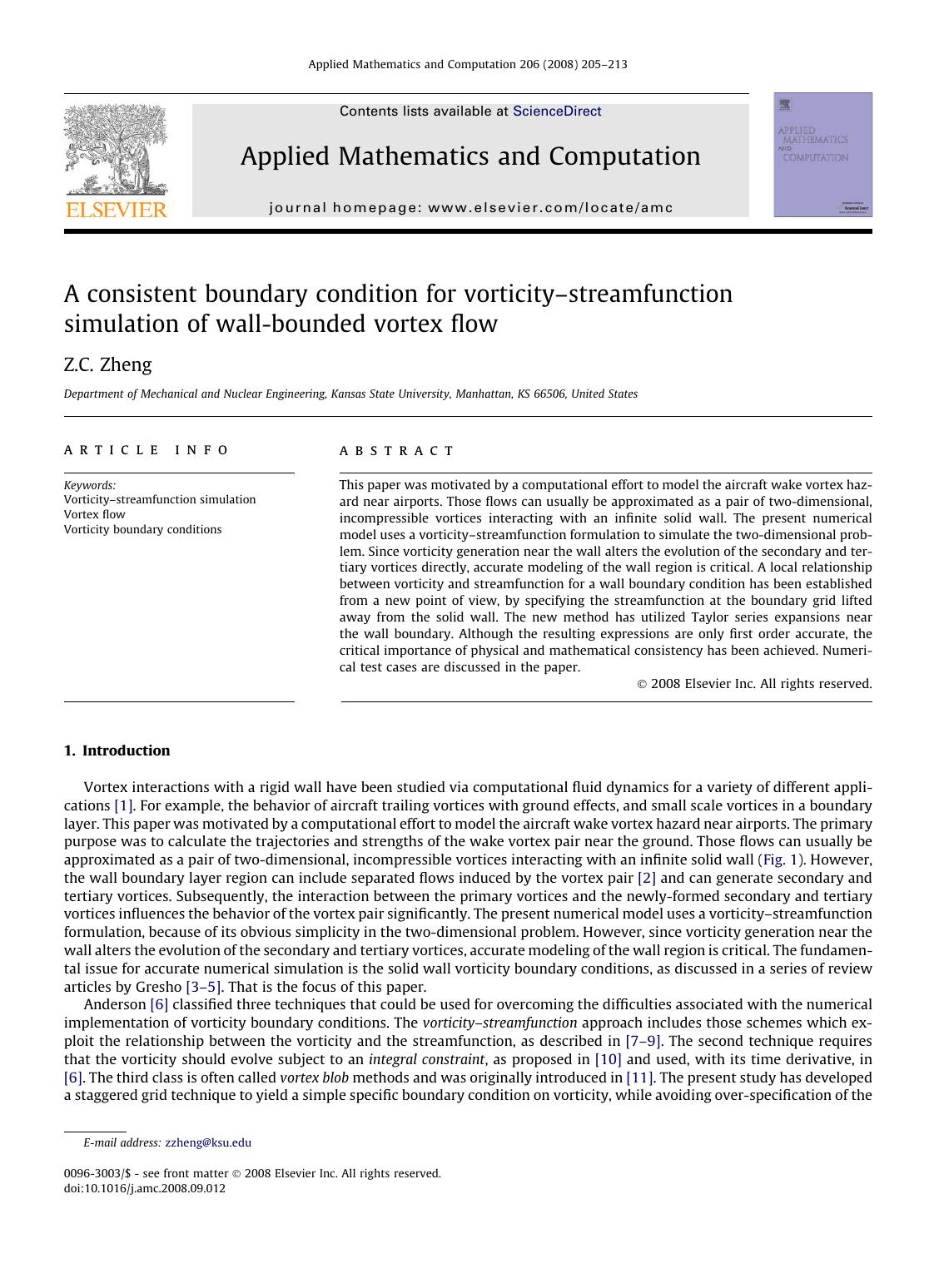 A consistent boundary condition for vorticityâstreamfunction simulation of wall-bounded vortex flow by Z.C. Zheng