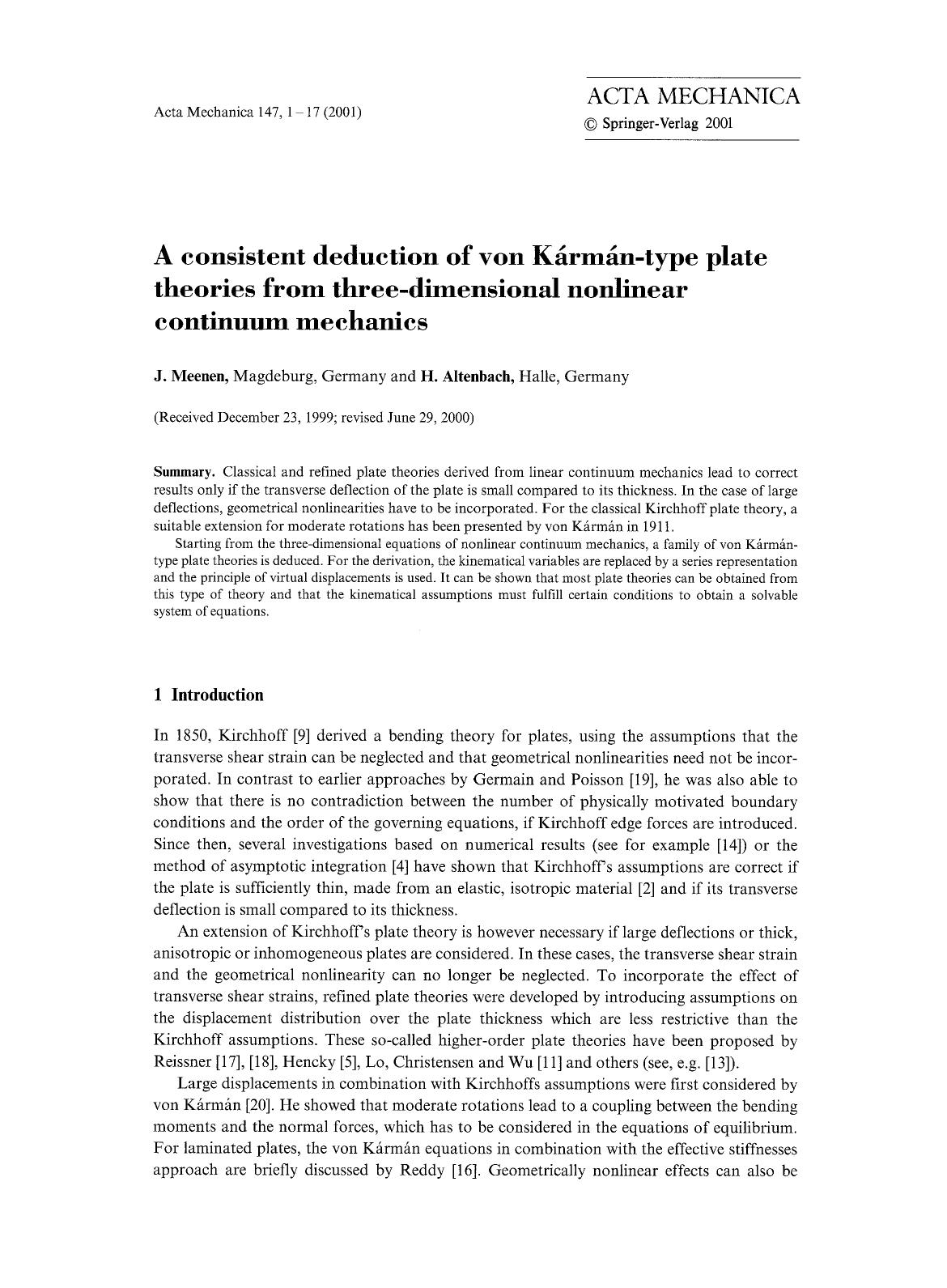 A consistent deduction of von K&#x00E1;rm&#x00E1;n-type plate theories from three-dimensional nonlinear continuum mechanics by Unknown