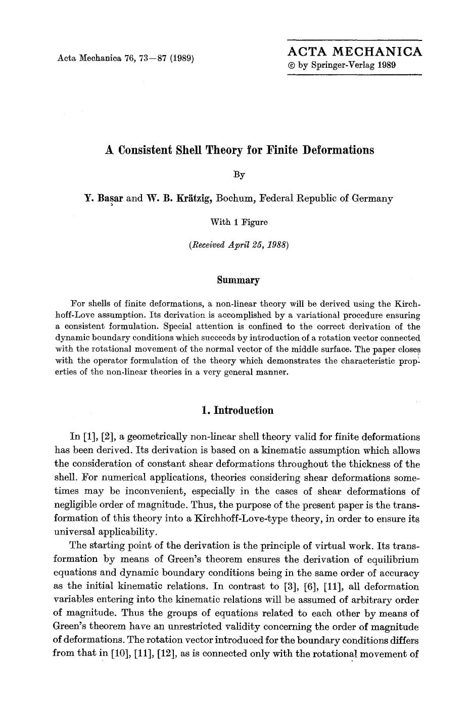 A consistent shell theory for finite deformations by Unknown