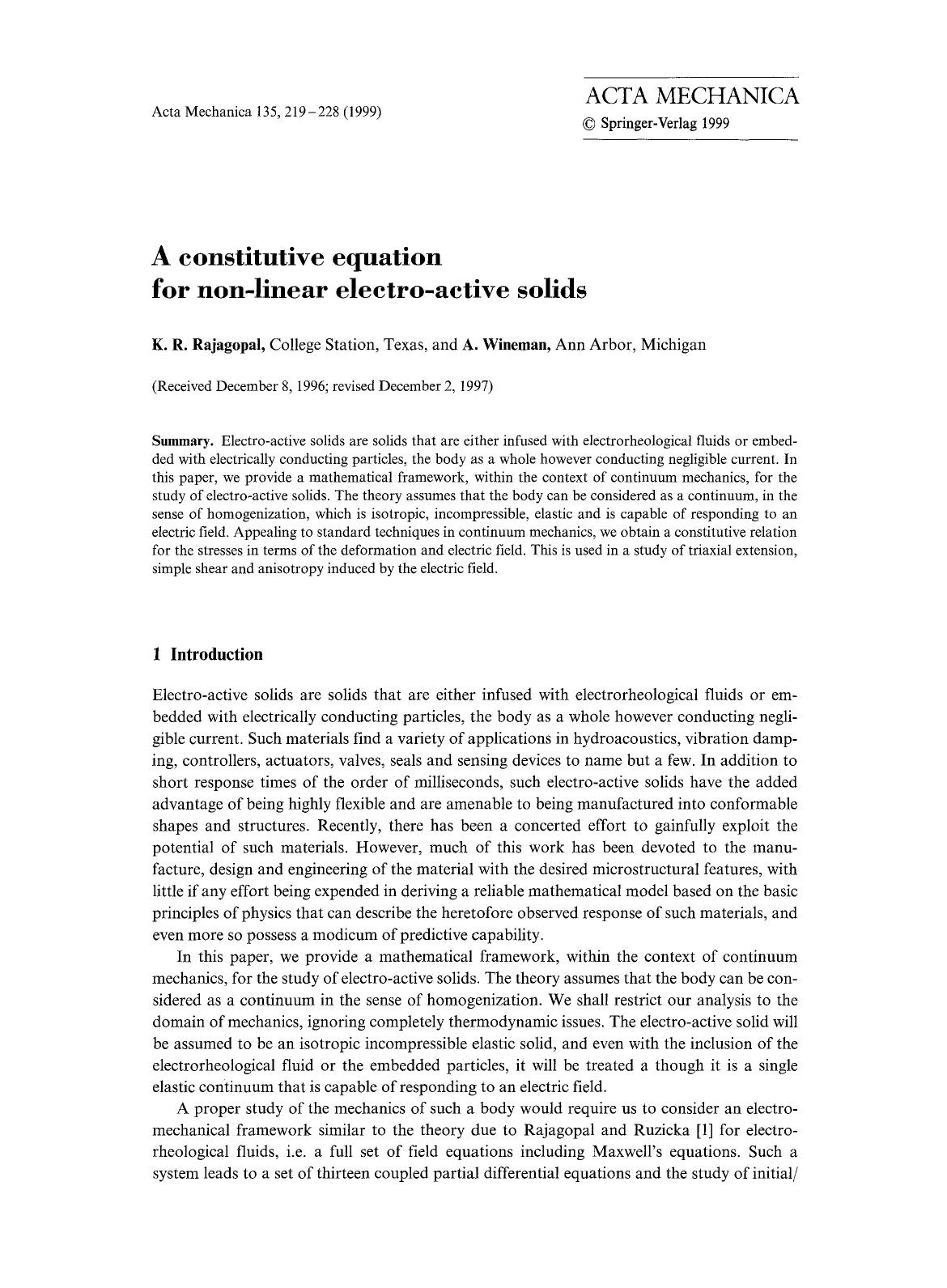 A constitutive equation for non-linear electro-active solids by Unknown