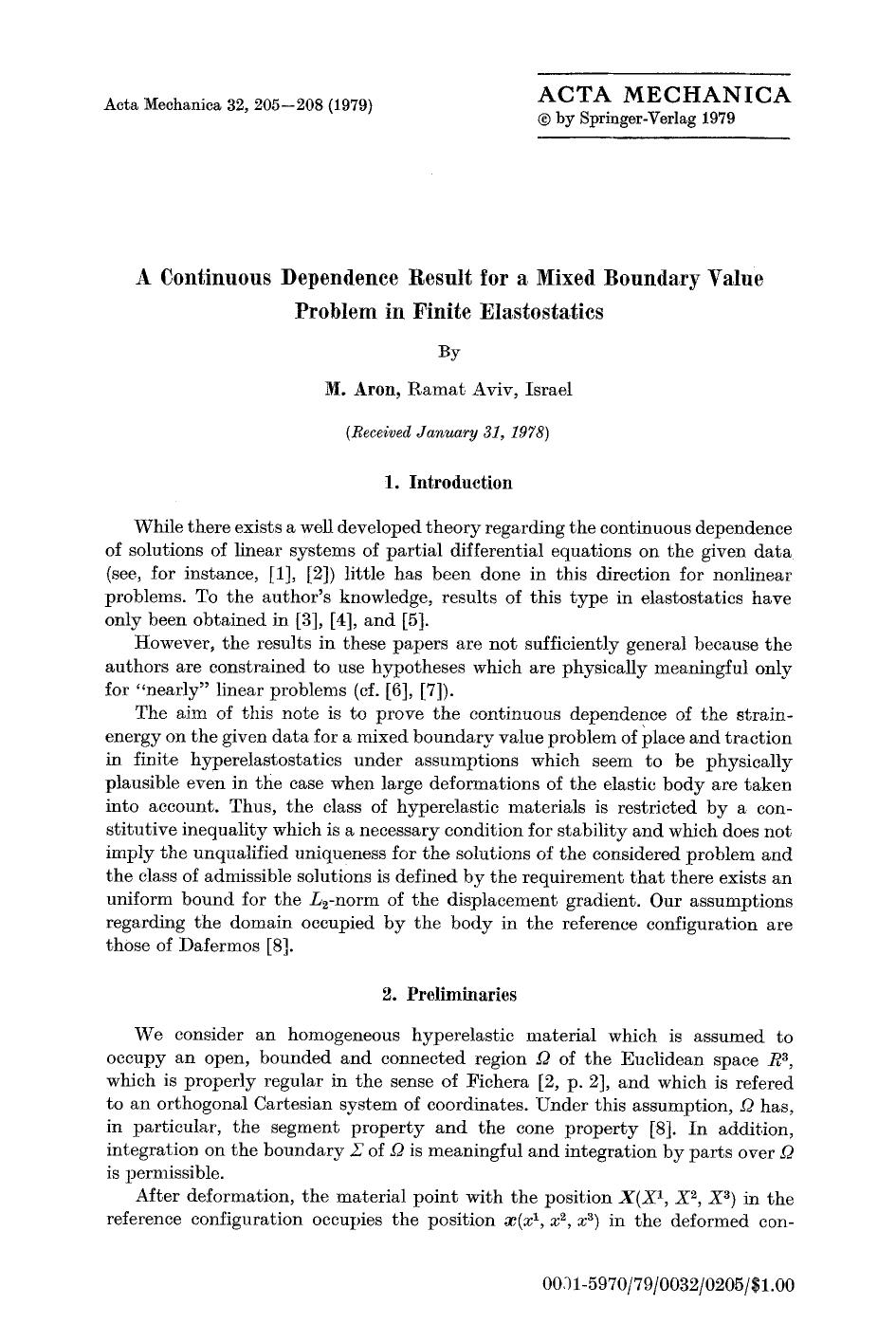 A continuous dependence result for a mixed boundary value problem in finite elastostatics by Unknown