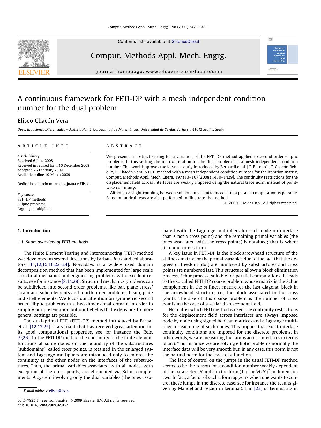 A continuous framework for FETI-DP with a mesh independent condition number for the dual problem by Eliseo Chacón Vera